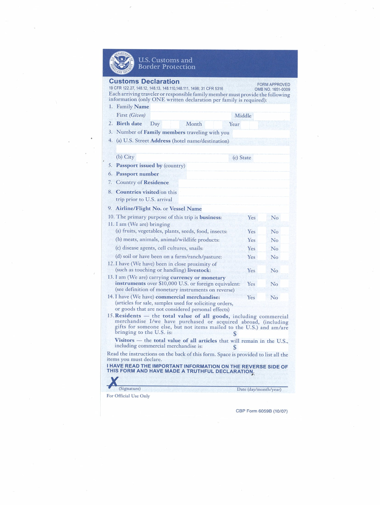 Us Customs Form 6059b Printable