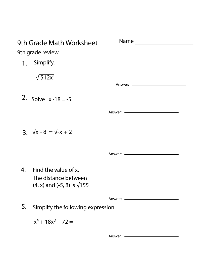Free Printable 9th Grade Math Worksheets