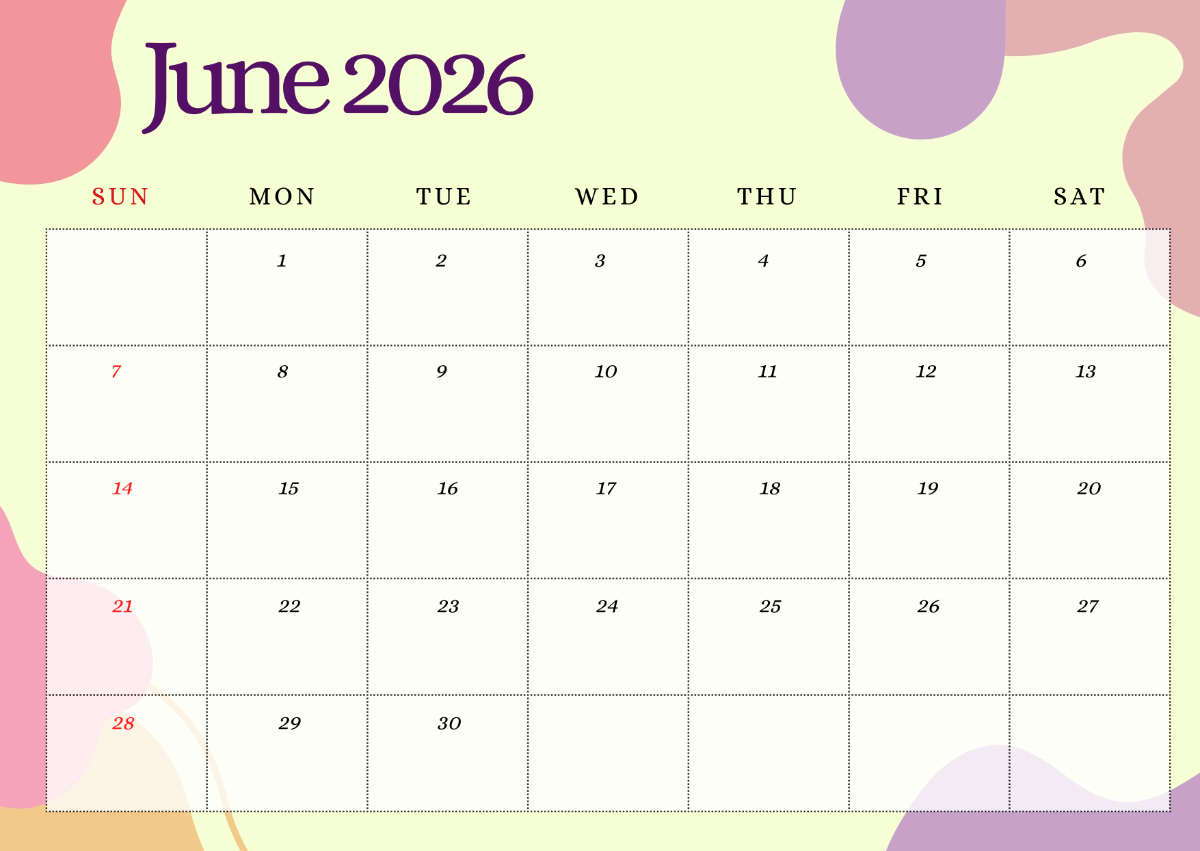 Blank June Calendar 2026 Printable