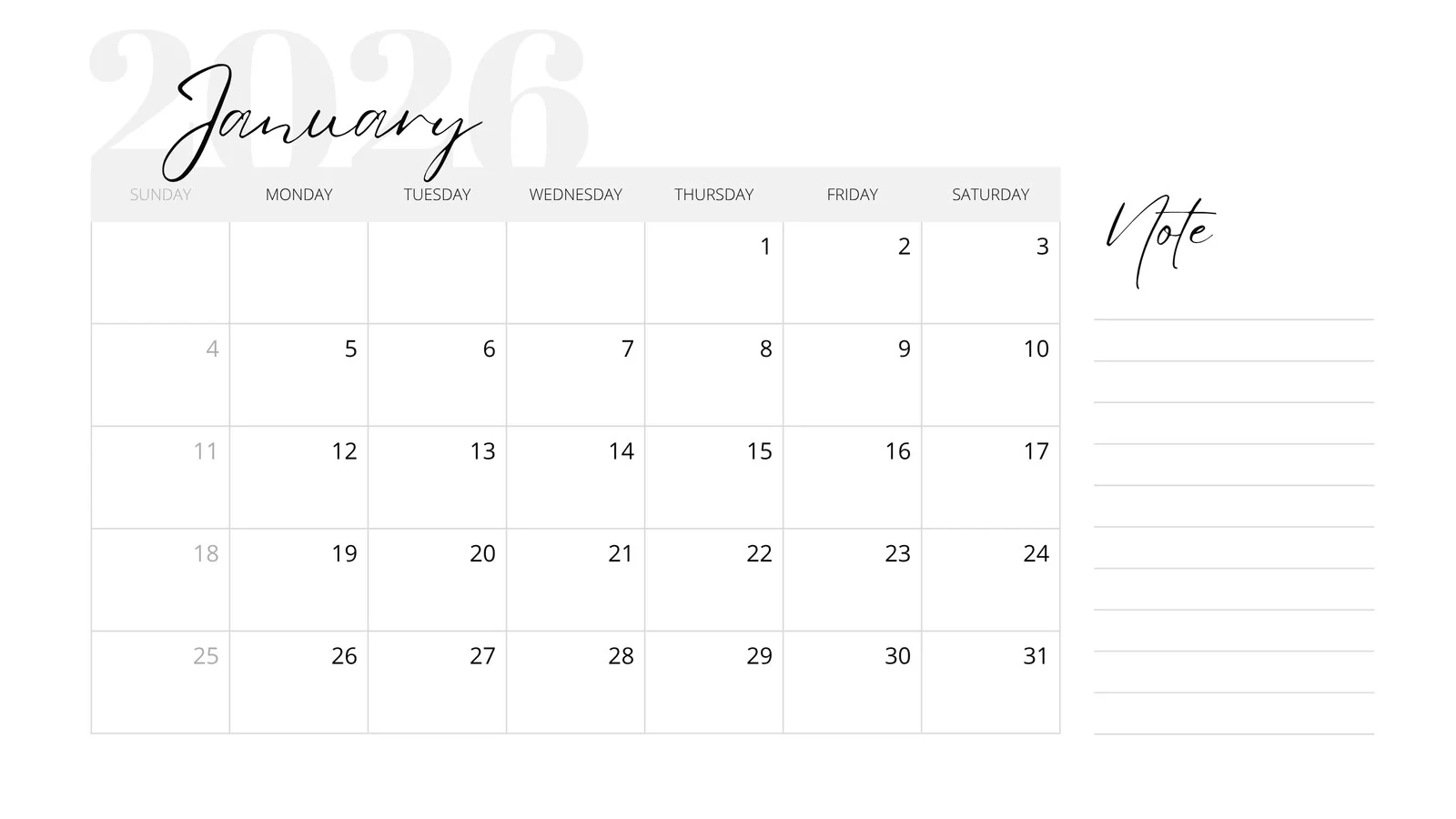 Free Printable Monthly Calendar January 2026