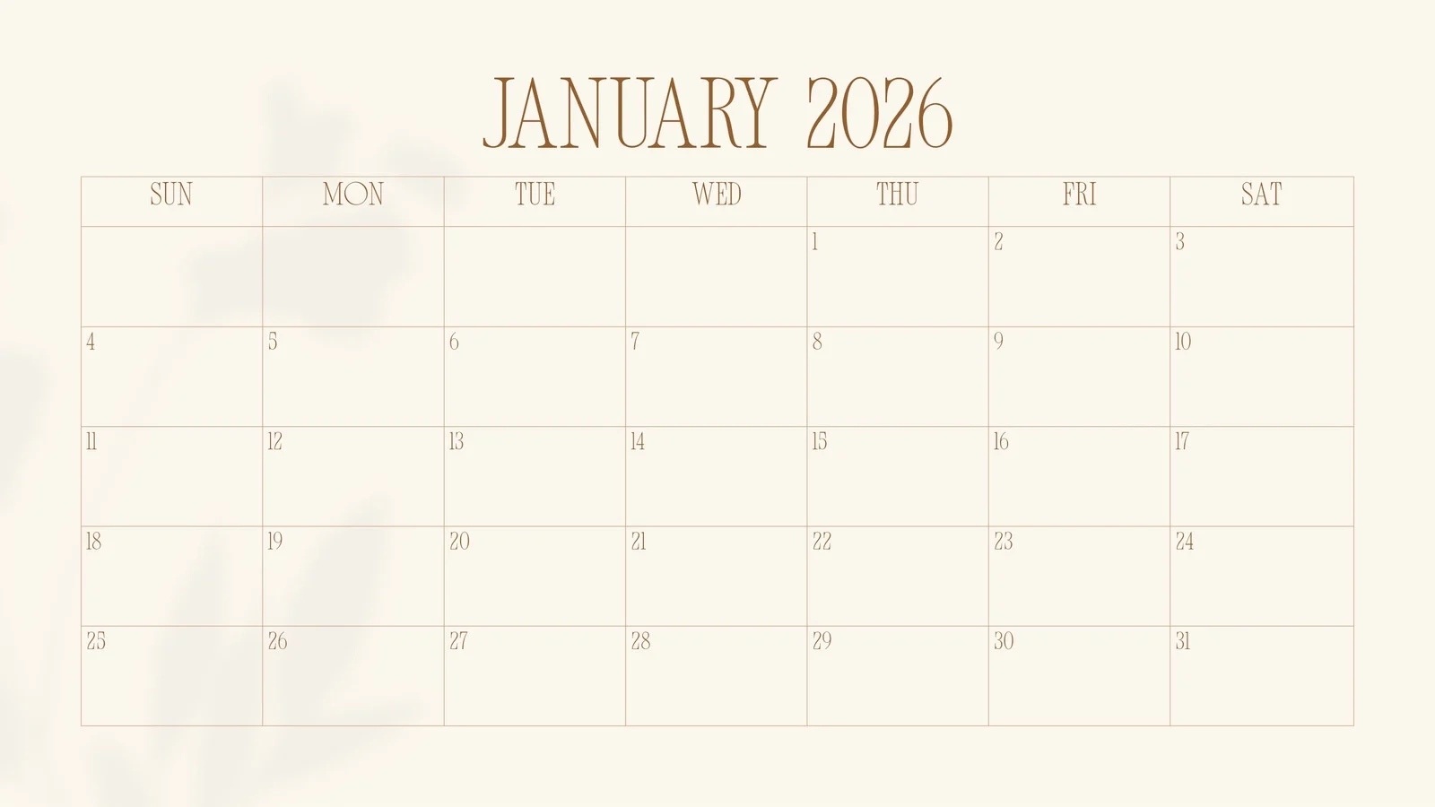 Printable Blank Calendar 2026 January