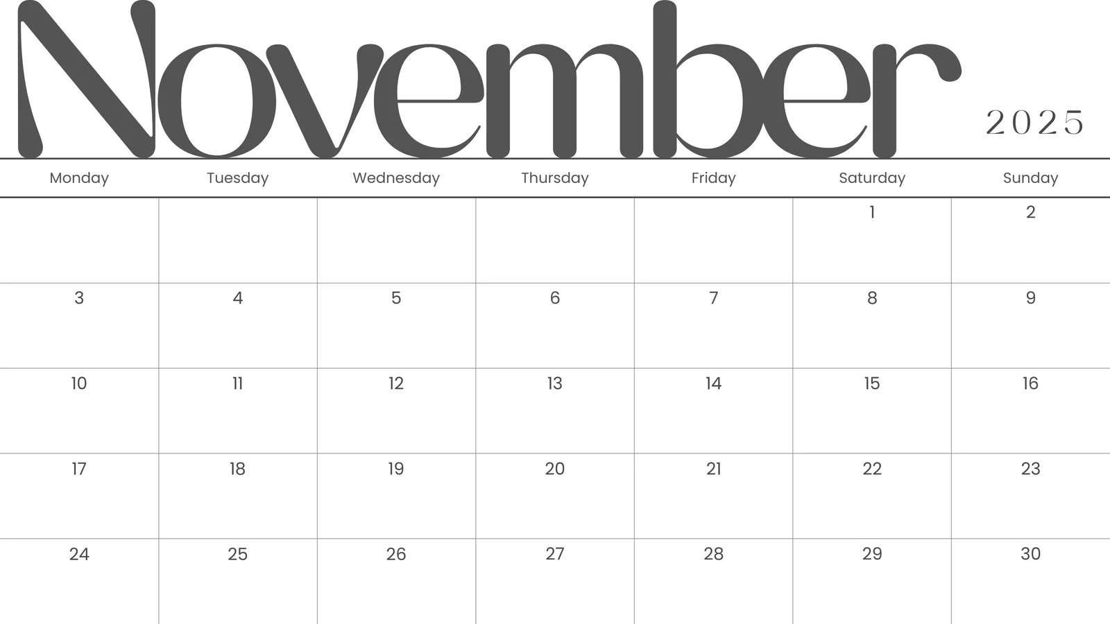 Printable November Week Day Calendar