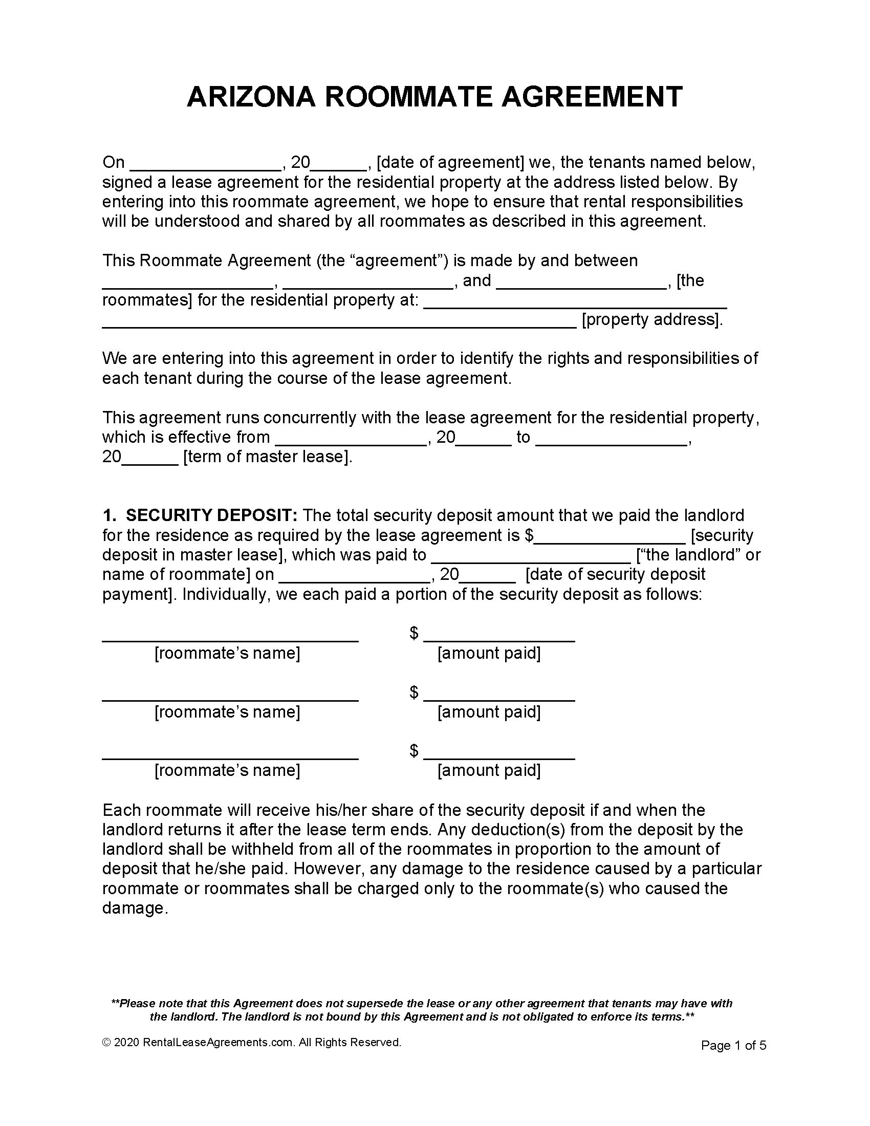 Printable Roommate Agreement Template