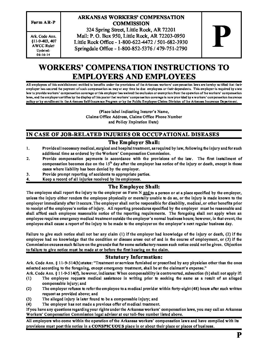 Free Arkansas Workers Compensation Form P Labor Law Poster 2026