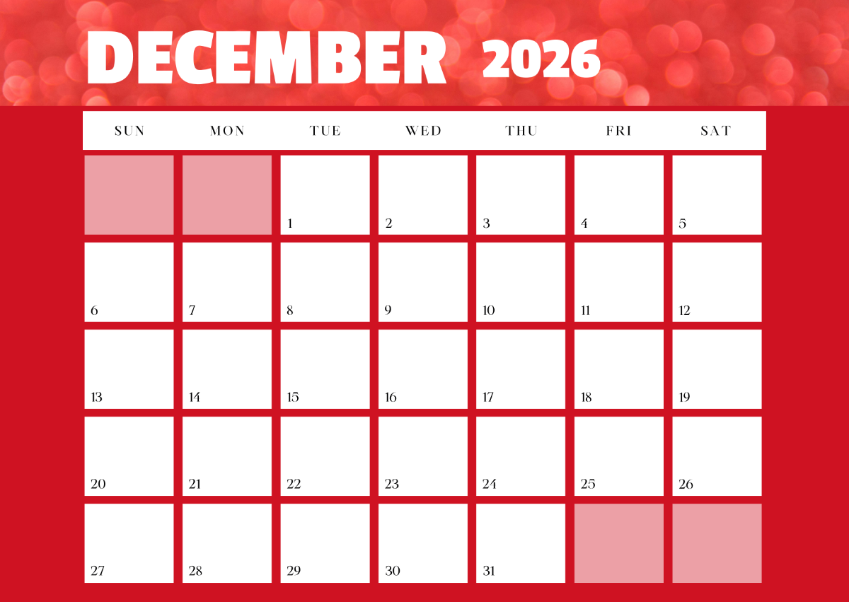 Free Blank December 2026 Calendar Template To Edit Online