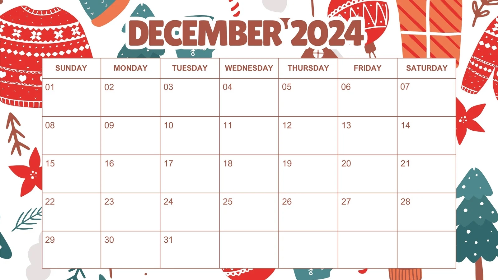 December Christmas Calendar Printable