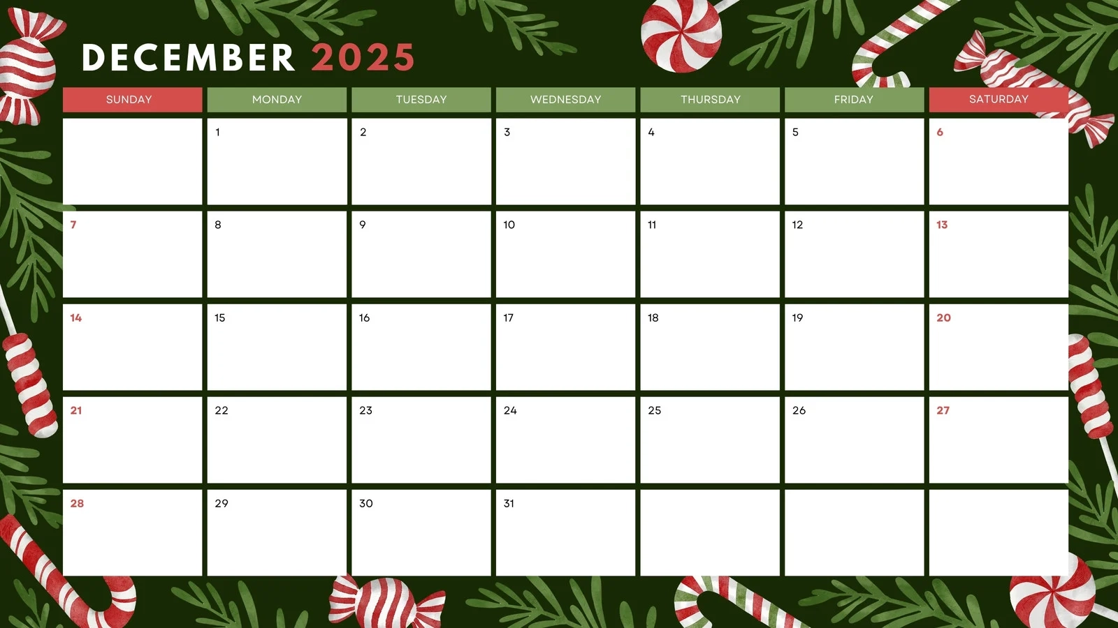 December Calendar Printable Large Write