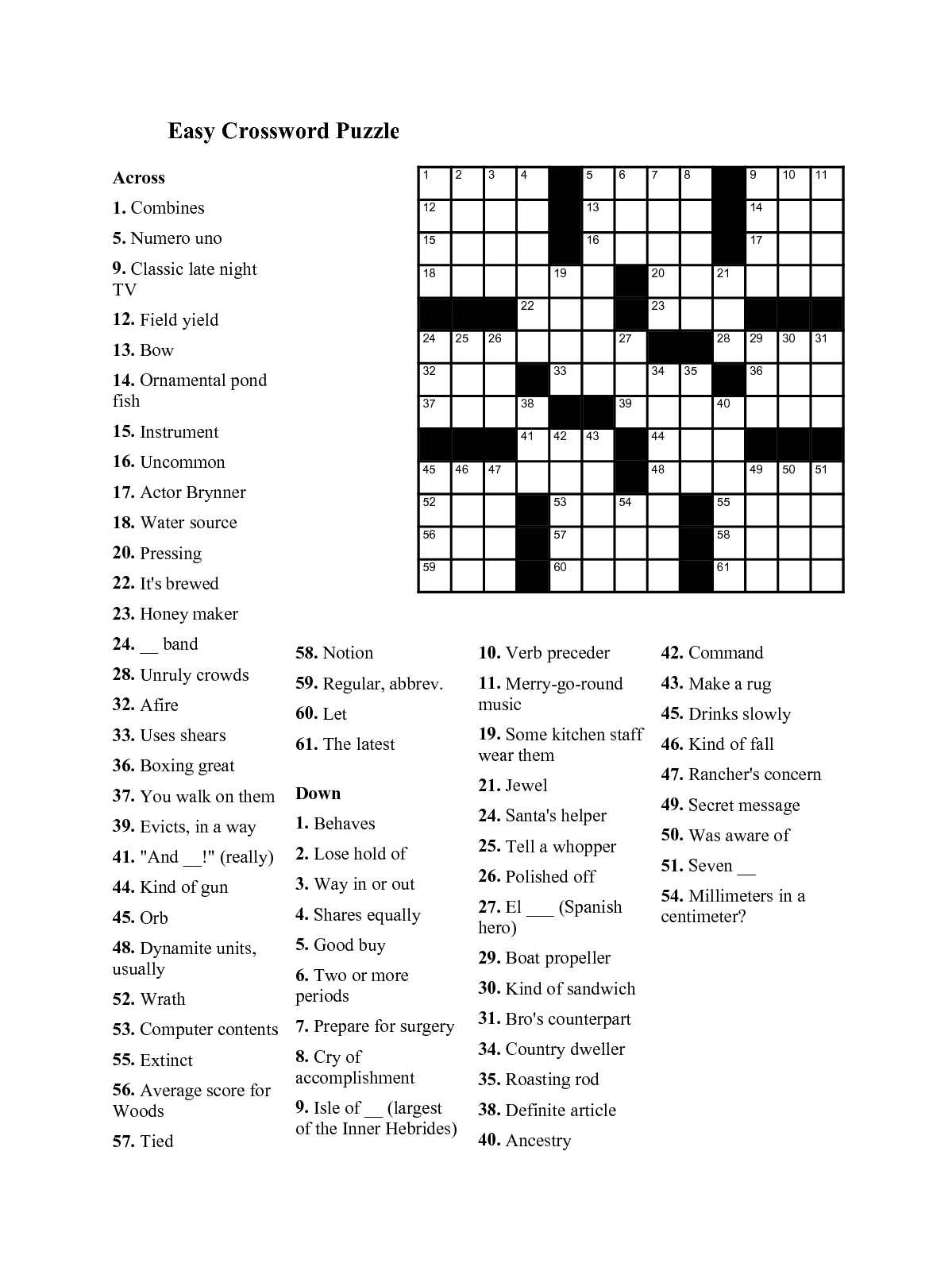 Free Daily Crossword Puzzle Printable