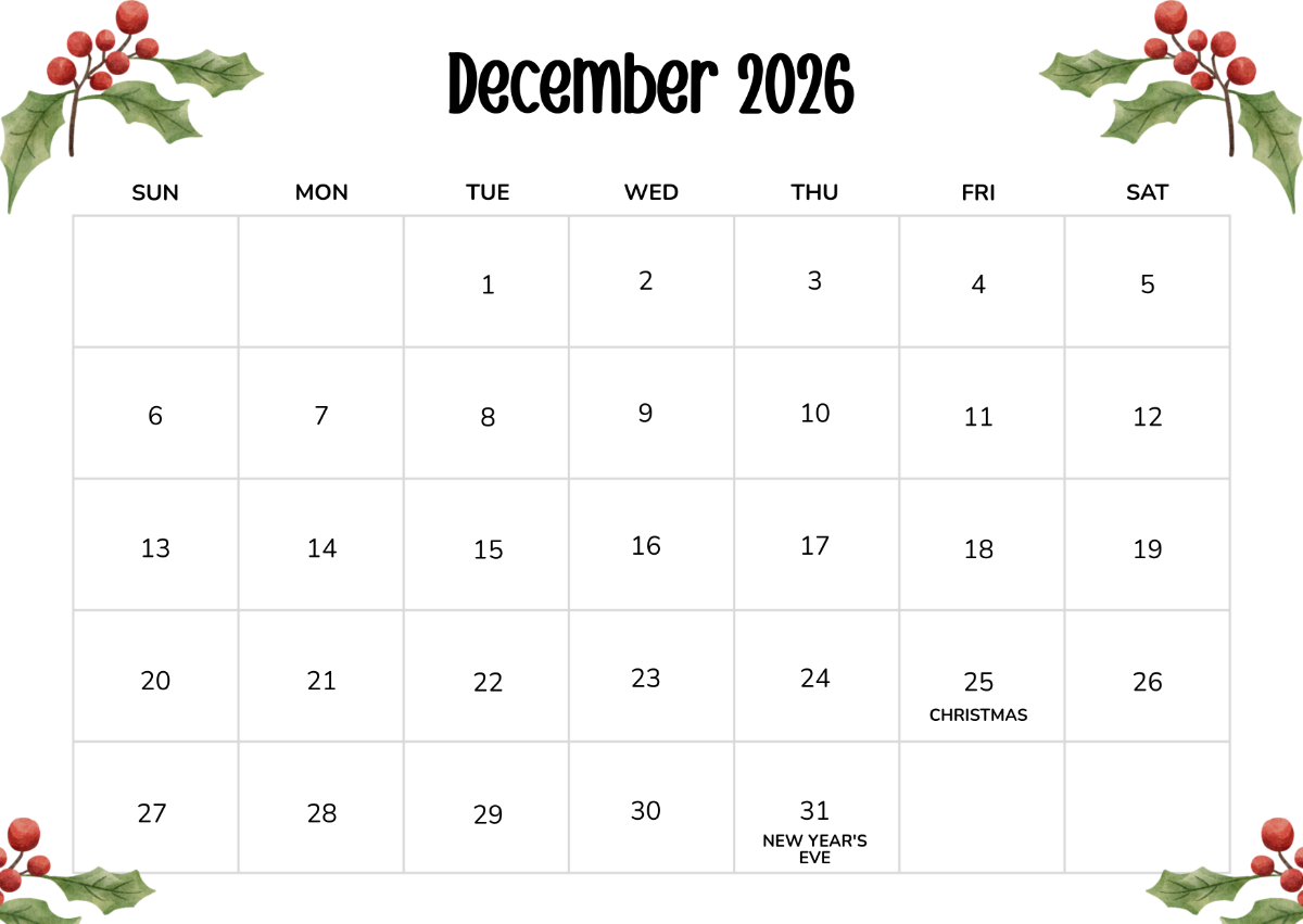 Free December 2026 Calendar With Holidays Template To Edit Online