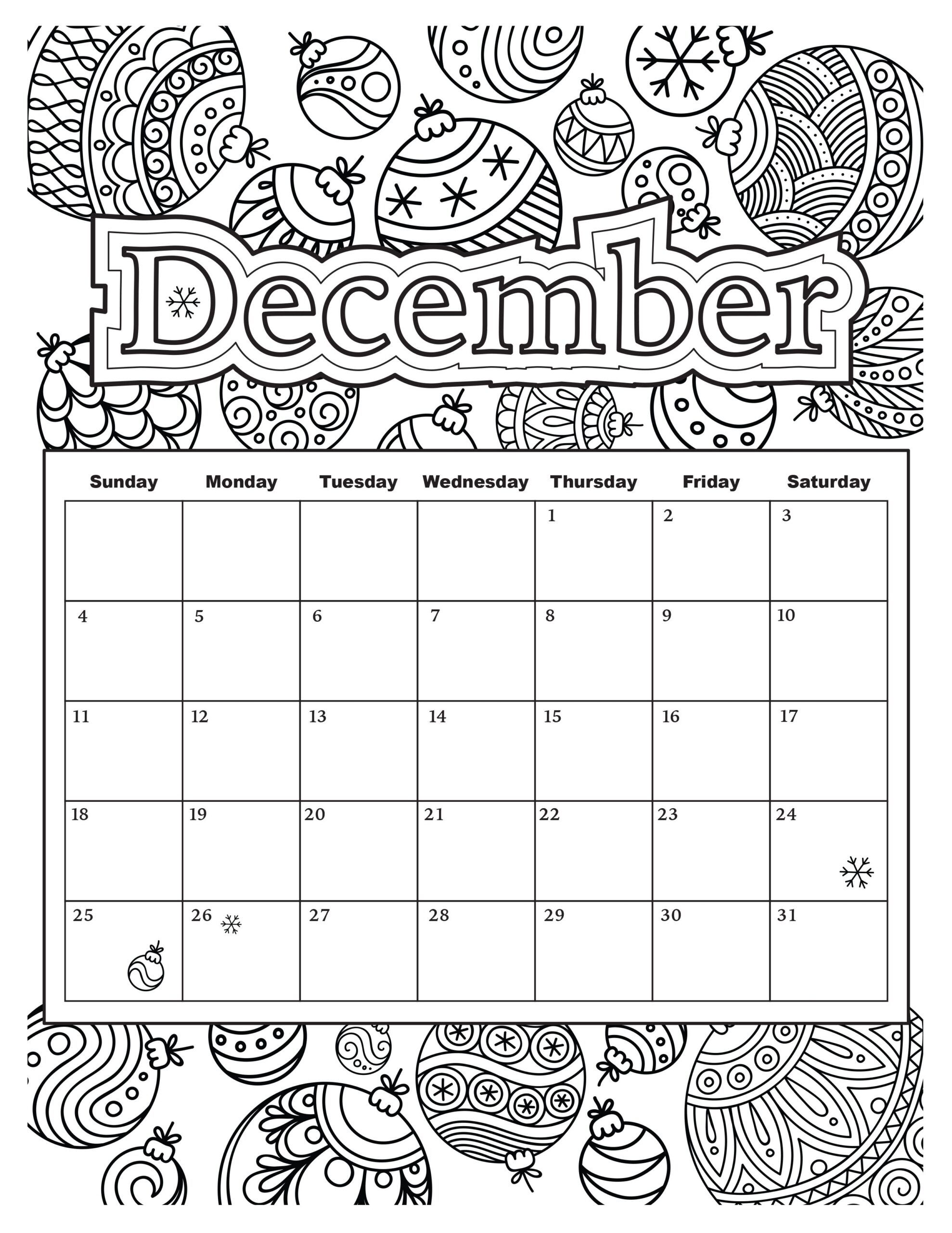 December Coloring Calendar Printable
