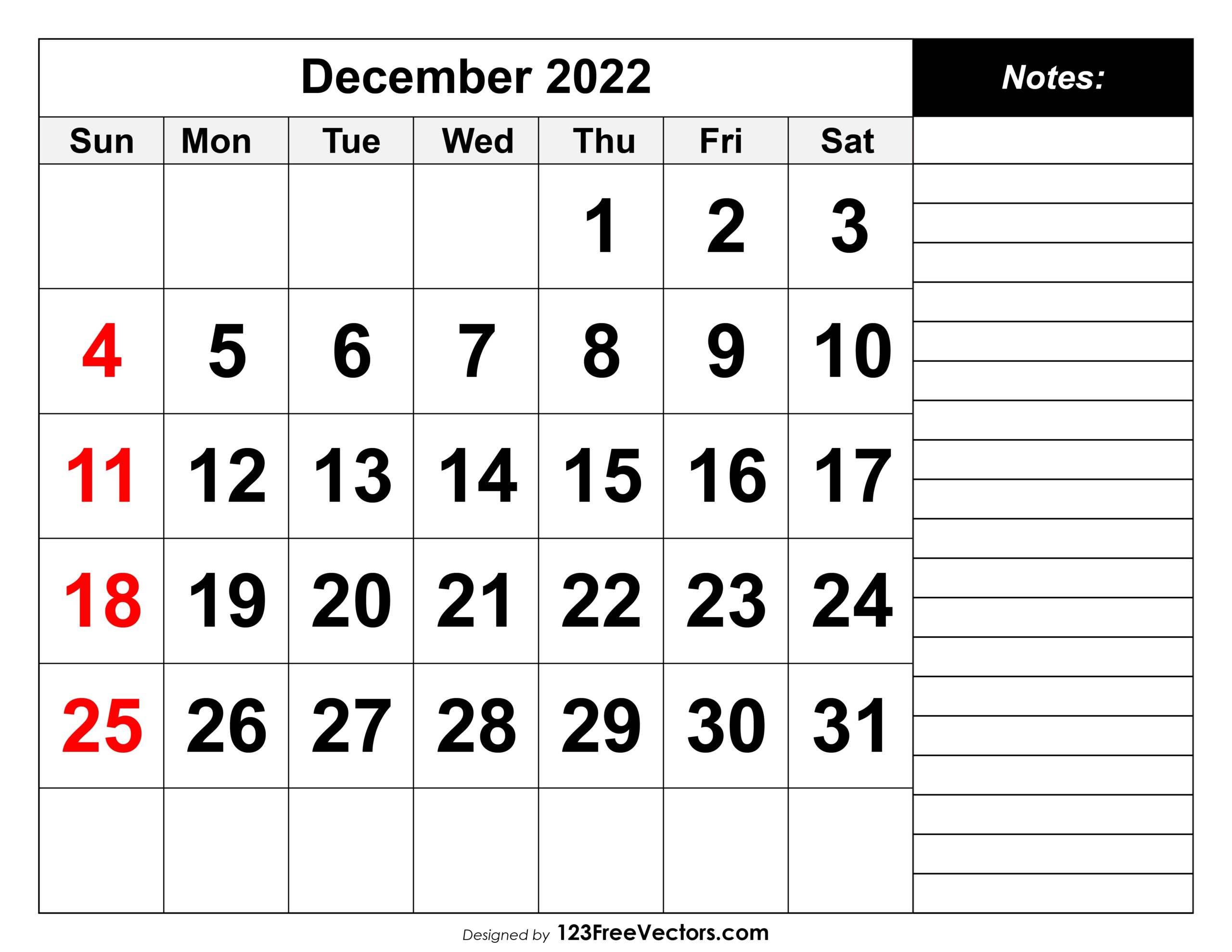 Free Download December 2022 Printable Calendar