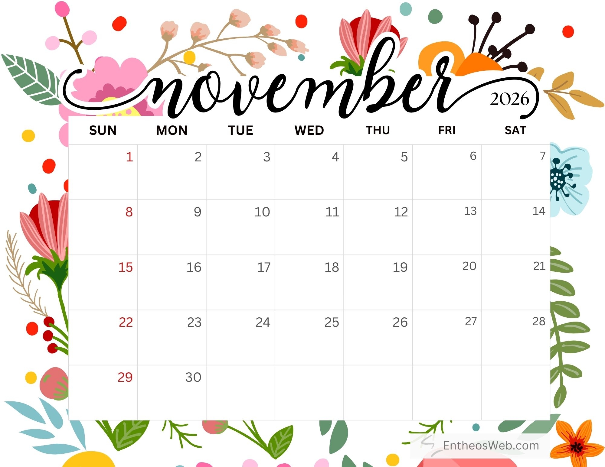 November 2026 Calendar Printable Colorful