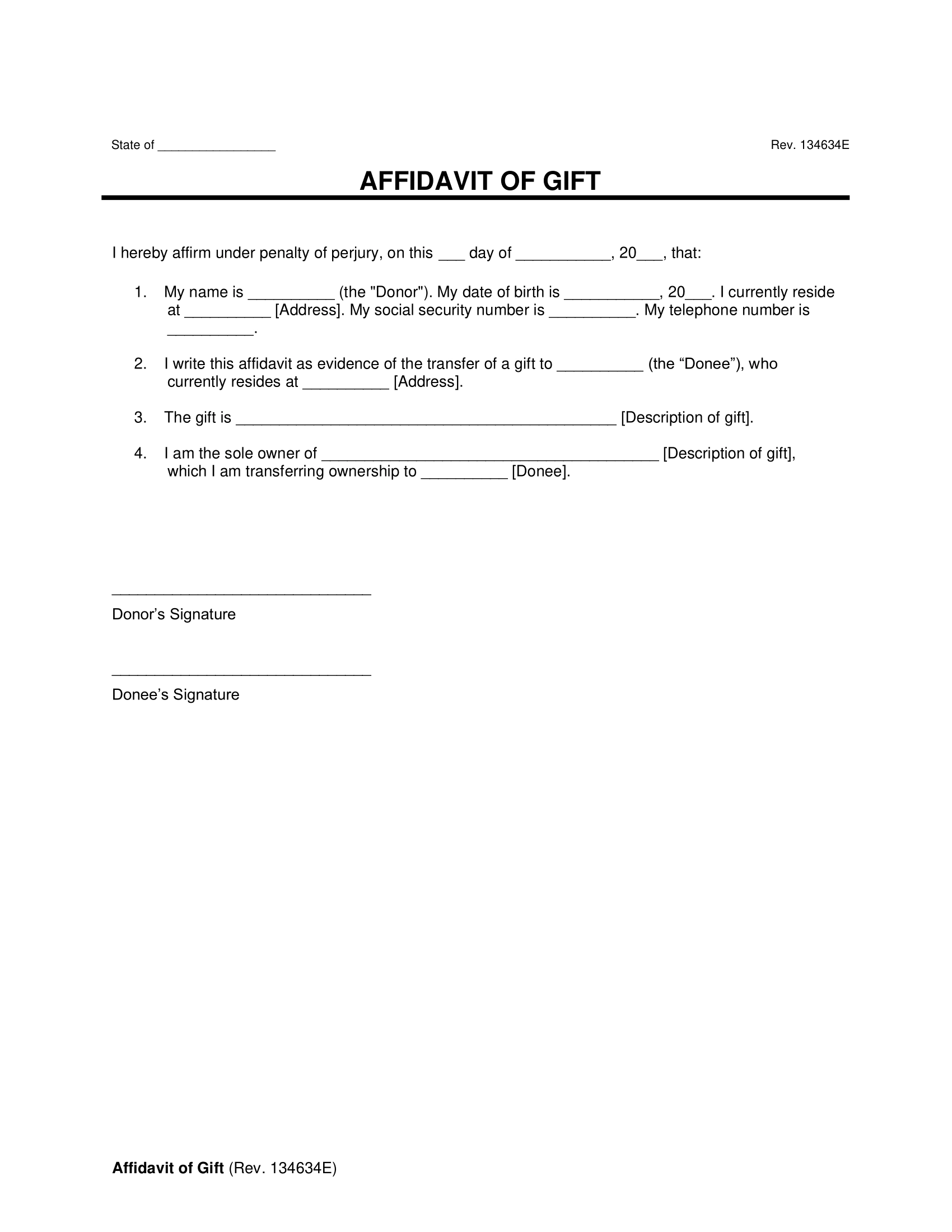 Free Gift Affidavit Form PDF amp Word