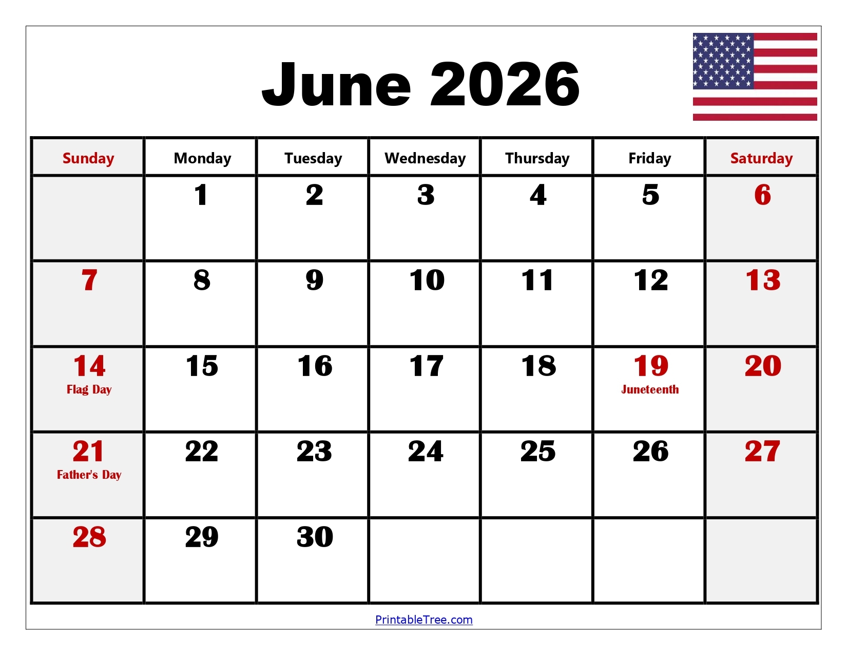 June 2026 Blank Calendar Page Printable