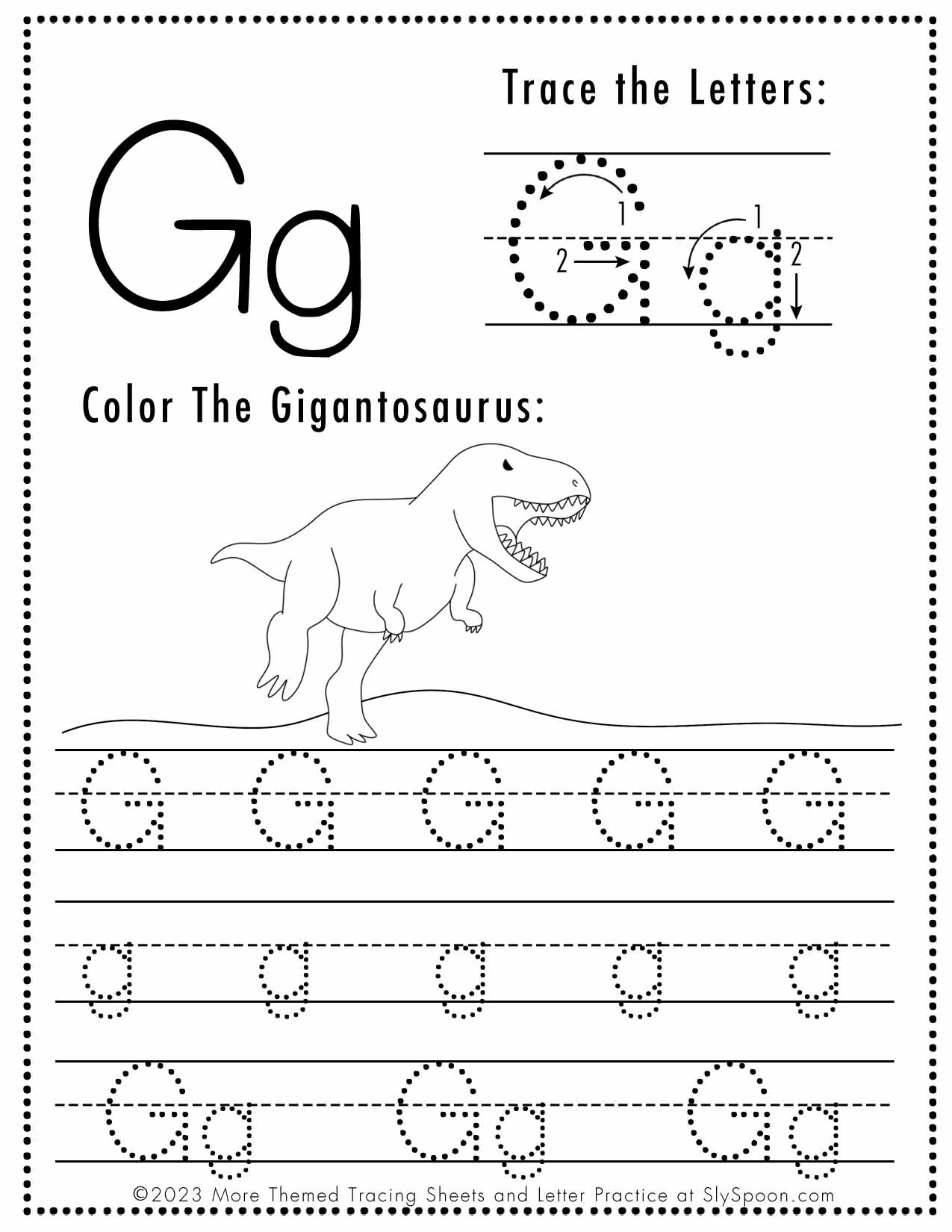 Free Letter G Tracing Worksheet Printable Dinosaur Themed Sly 
