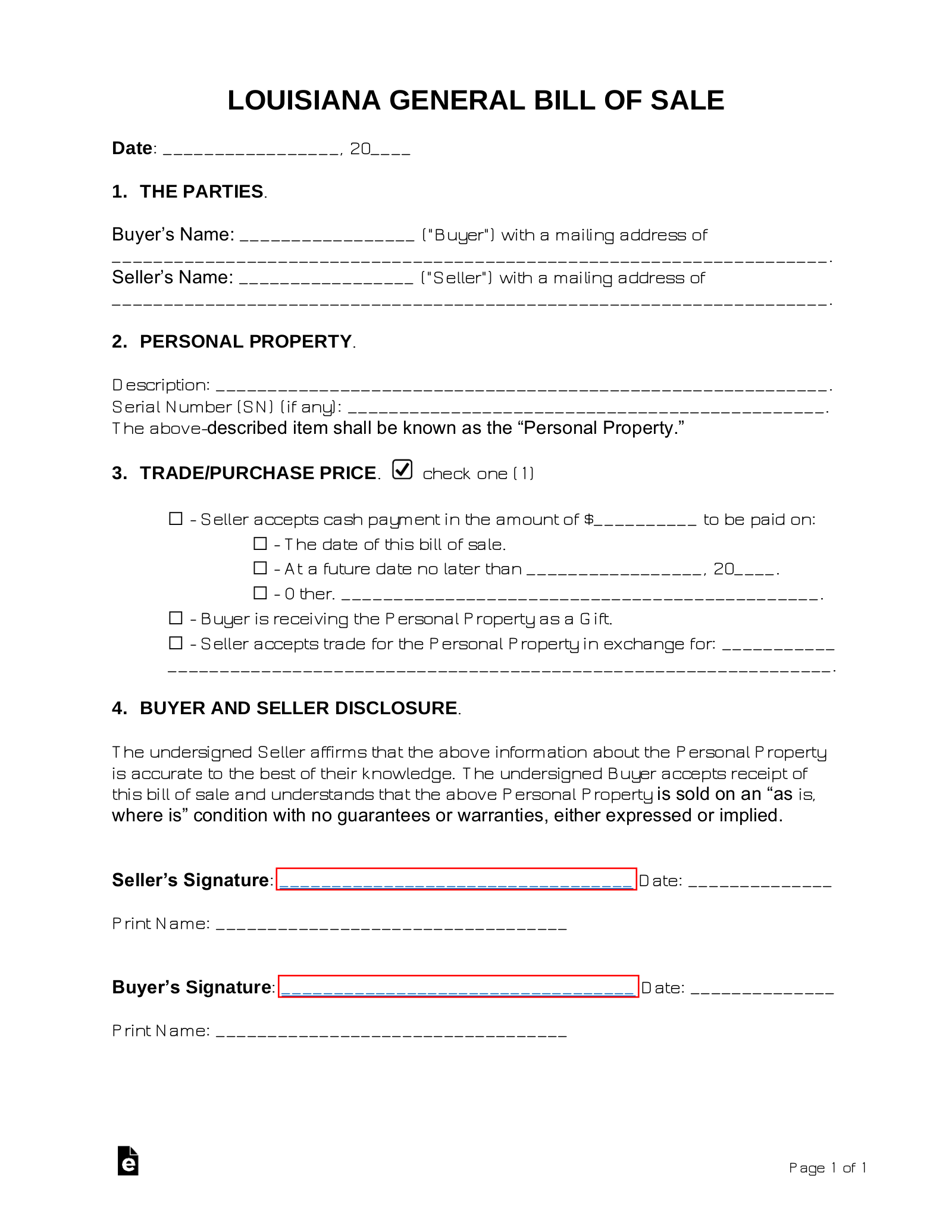 Bill Of Sale Form Free Printable Louisiana