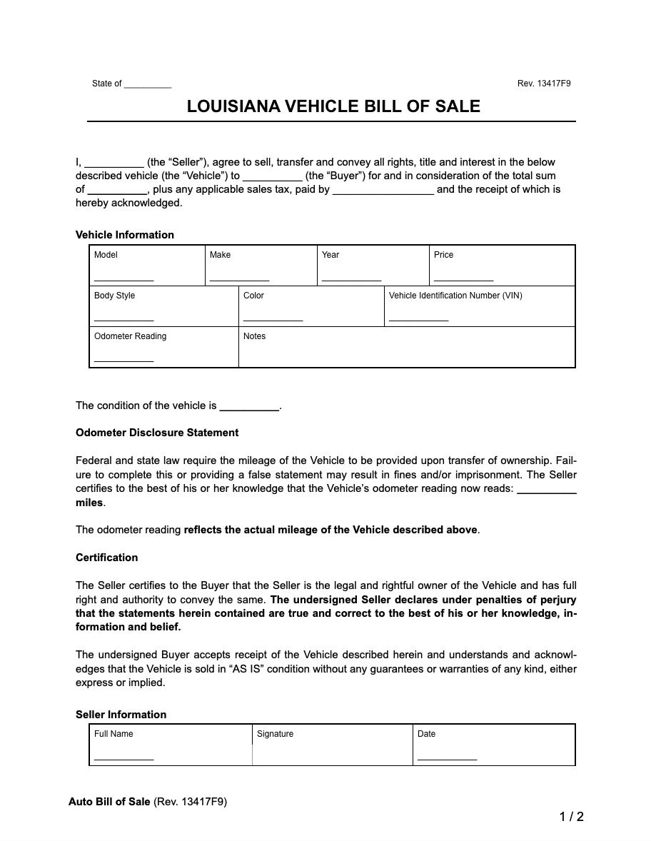 Free Louisiana Vehicle Bill Of Sale Form PDF amp Word