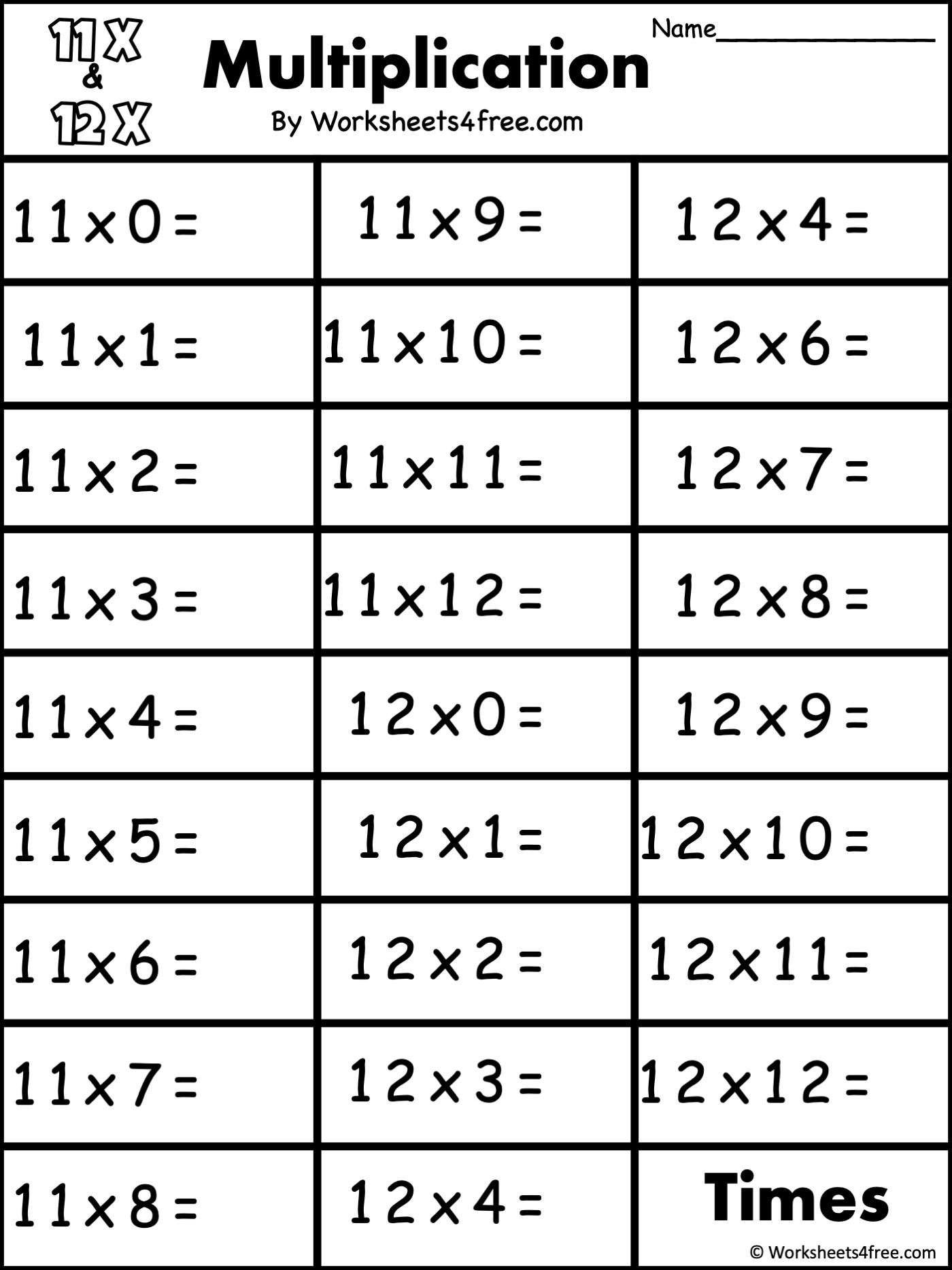 Free Multiplication Worksheet 11s amp 12s Worksheets4Free