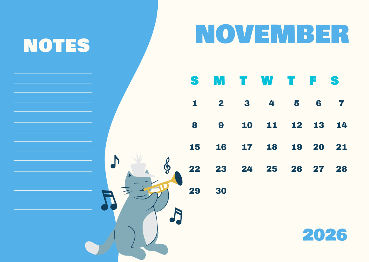Free November 2026 Calendar Clipart Template To Edit Online
