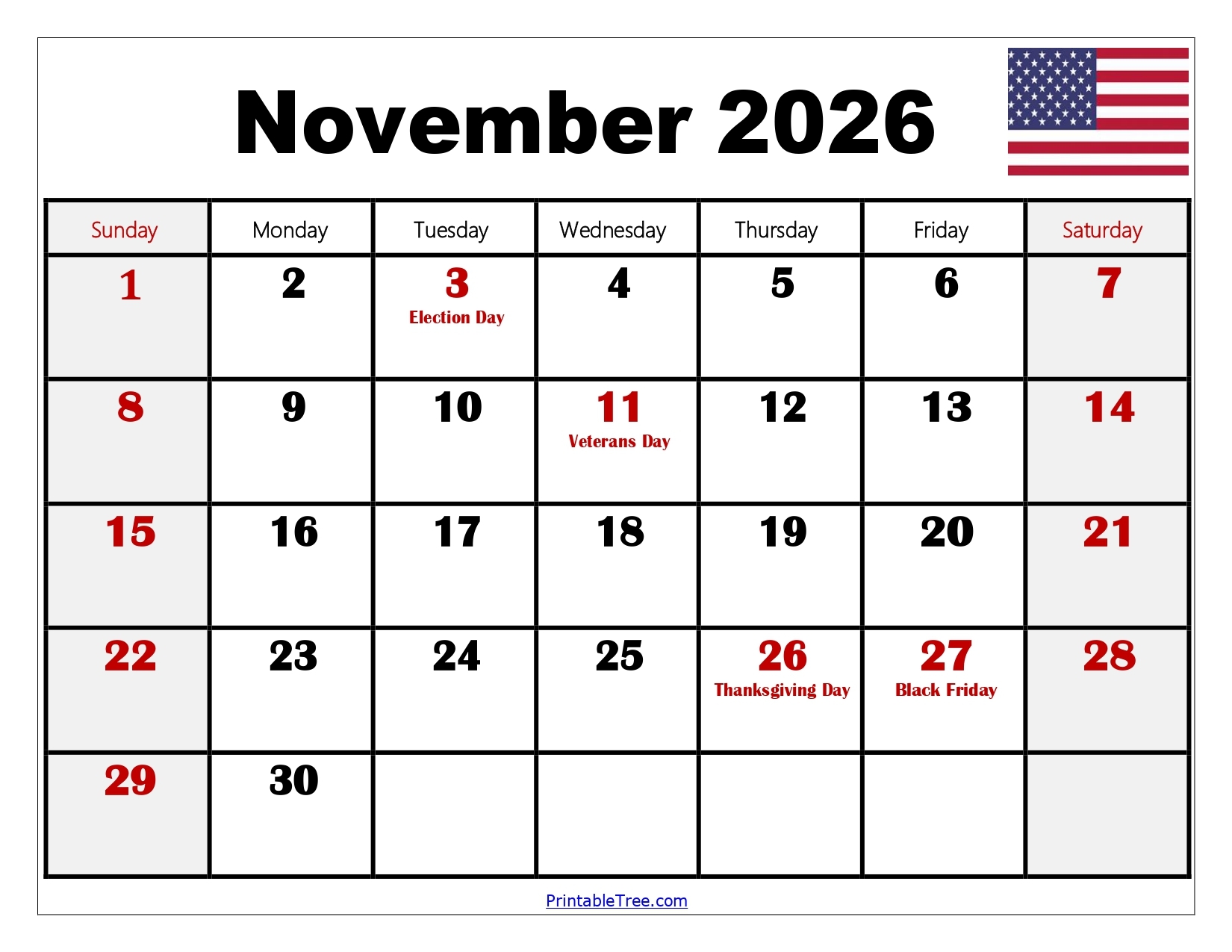 Printable November 2026 Calendar Large Print