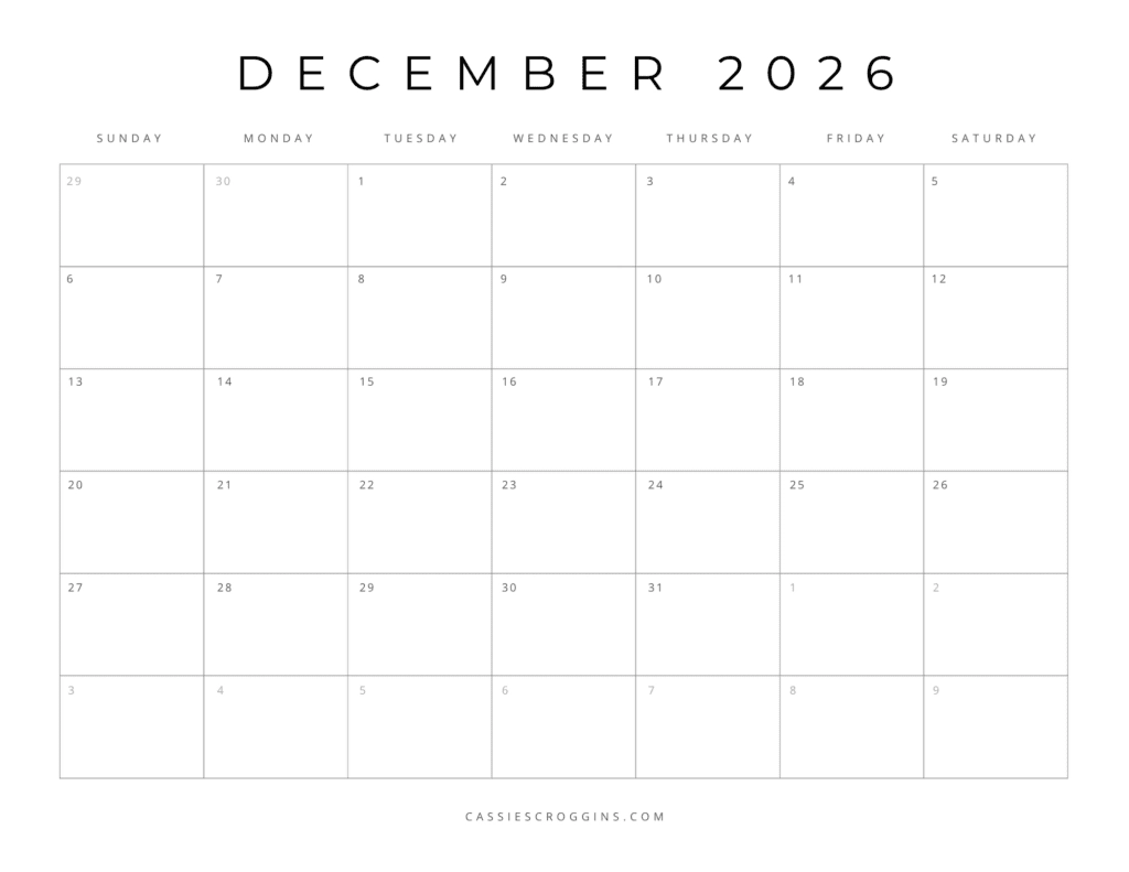 Free Weekly Printable Calendar December 2026