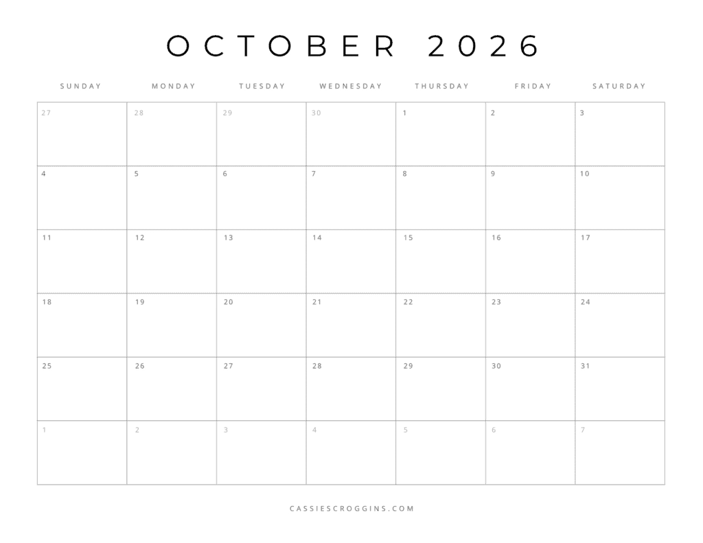 Printable 2026 Monthly Calendar Blank