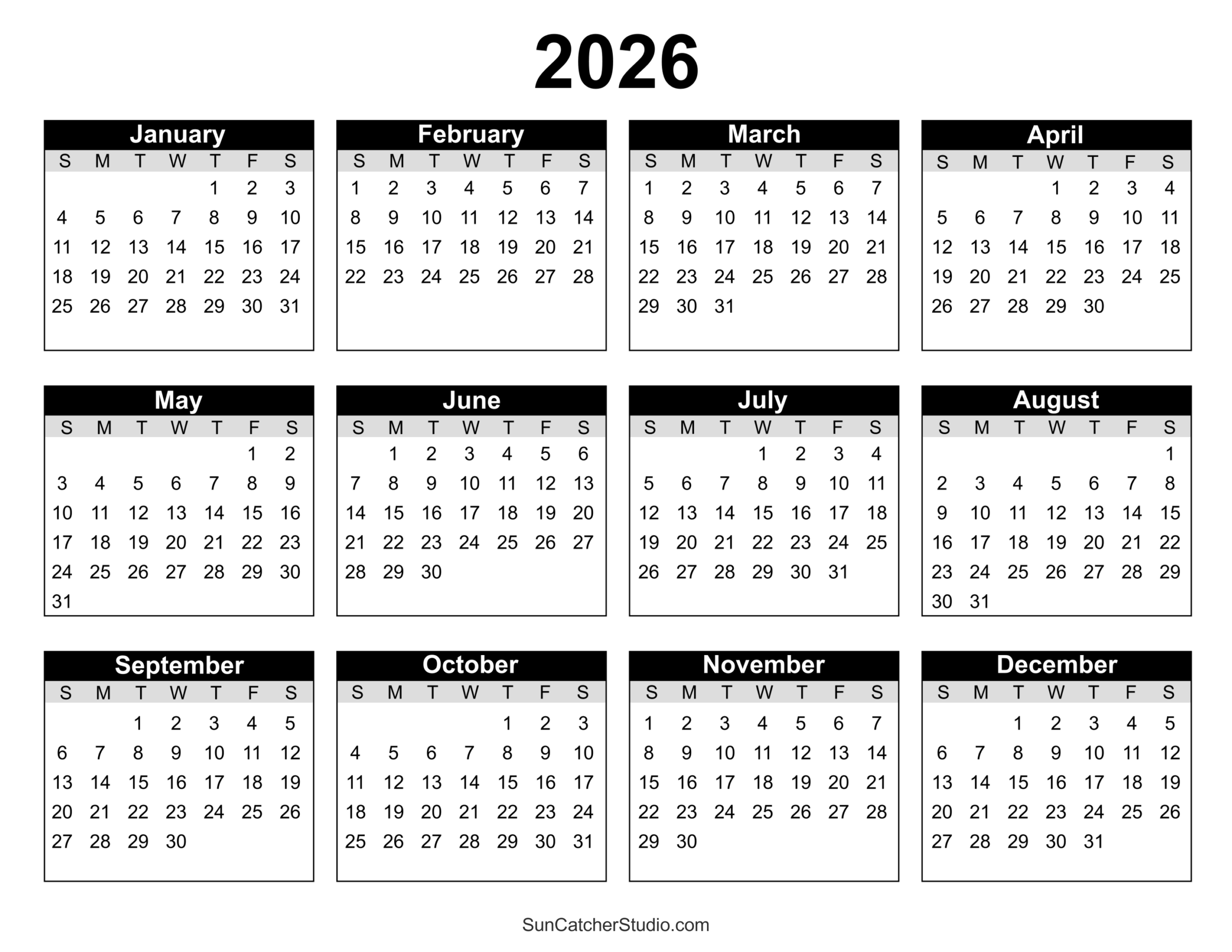 Free Printable 2026 Monthly Calendar Printable