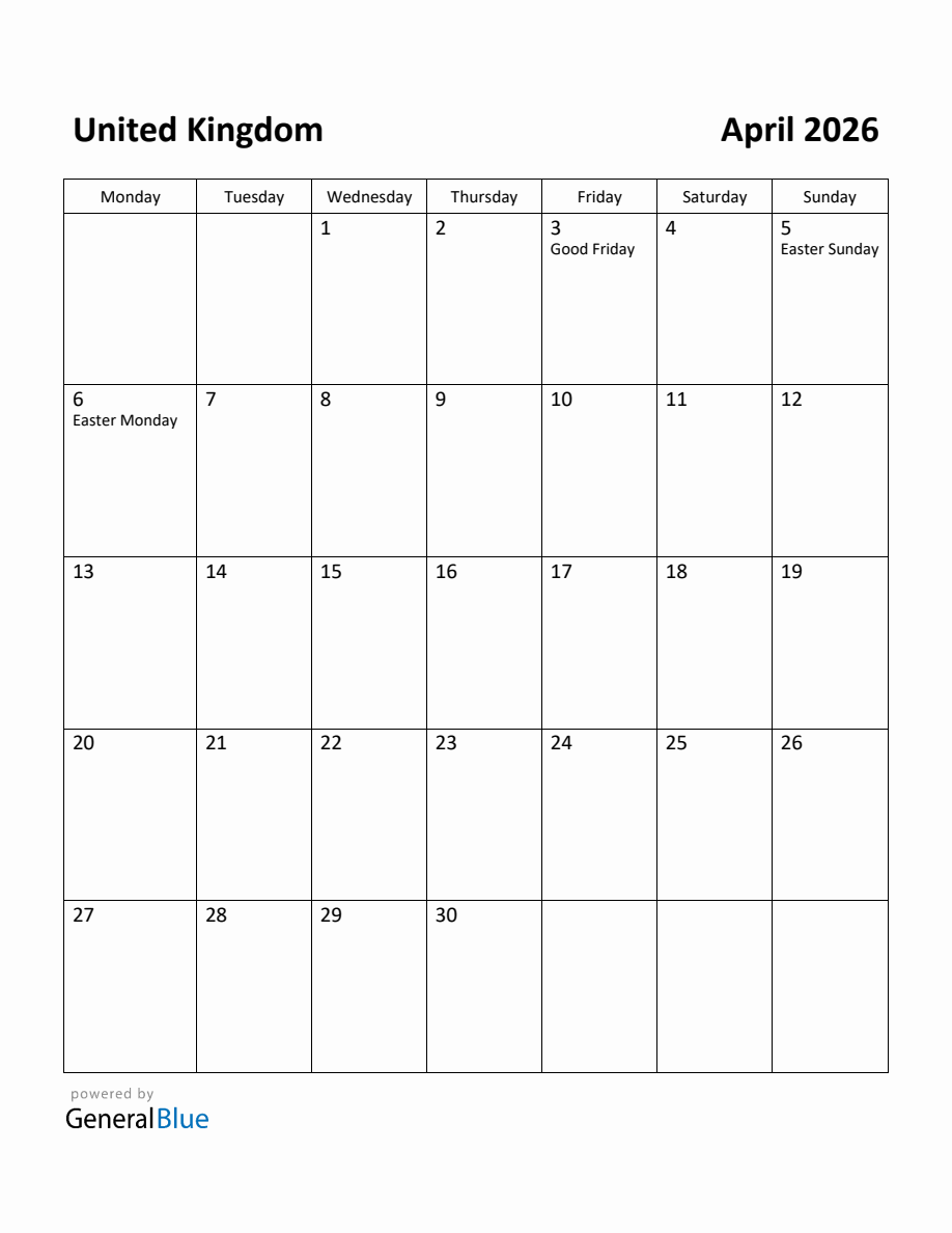 Free Printable April 2026 Calendar For United Kingdom Monday Start 