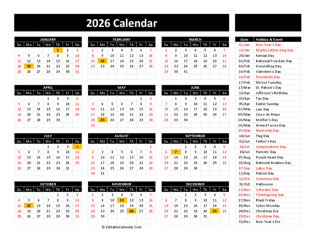 Free Printable 2026 Calendar With Holidays Excel