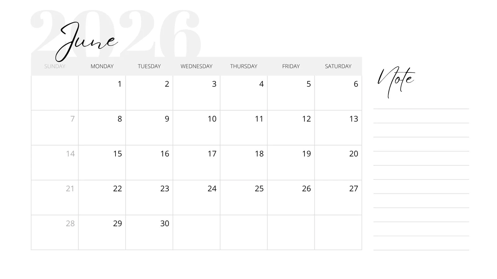 June 2026 Free Printable Calendar