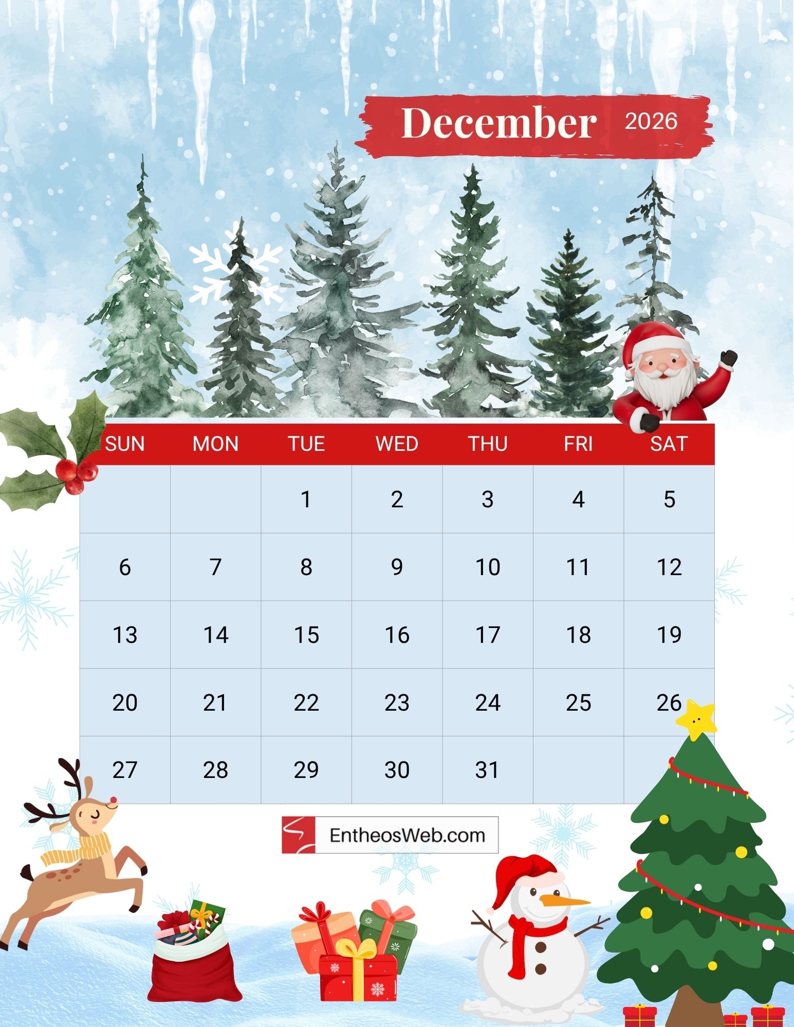 Free Printable December 2026 Calendars EntheosWeb