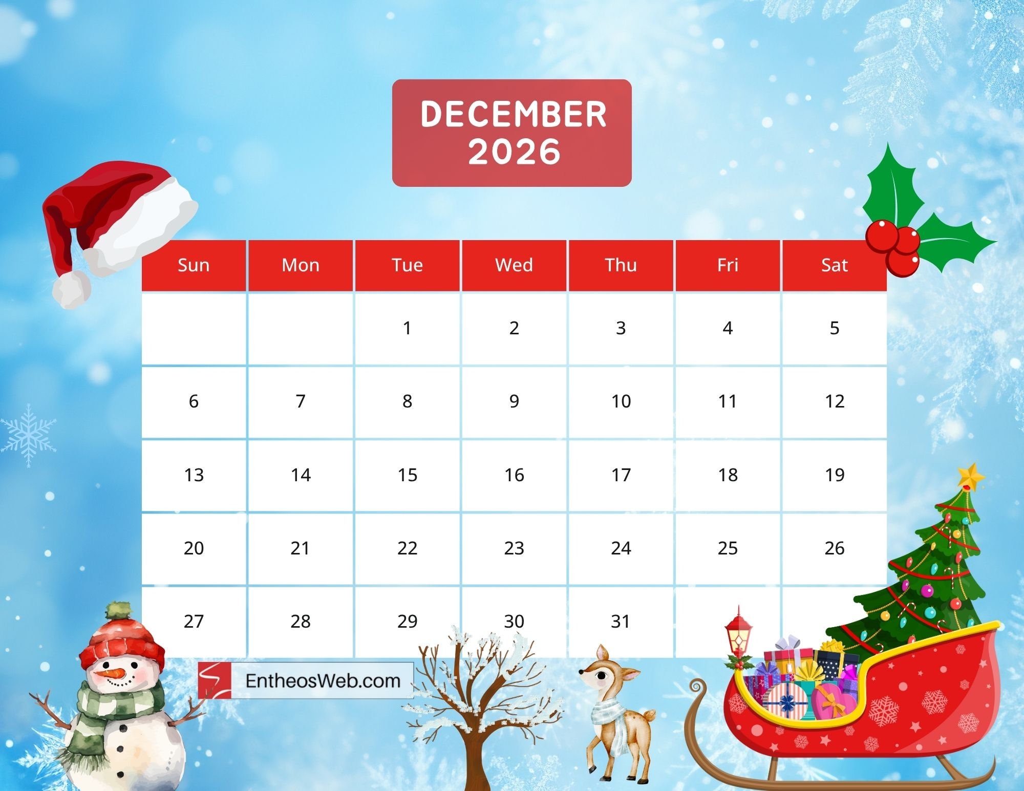 December Nature Calendar 2026 Printable