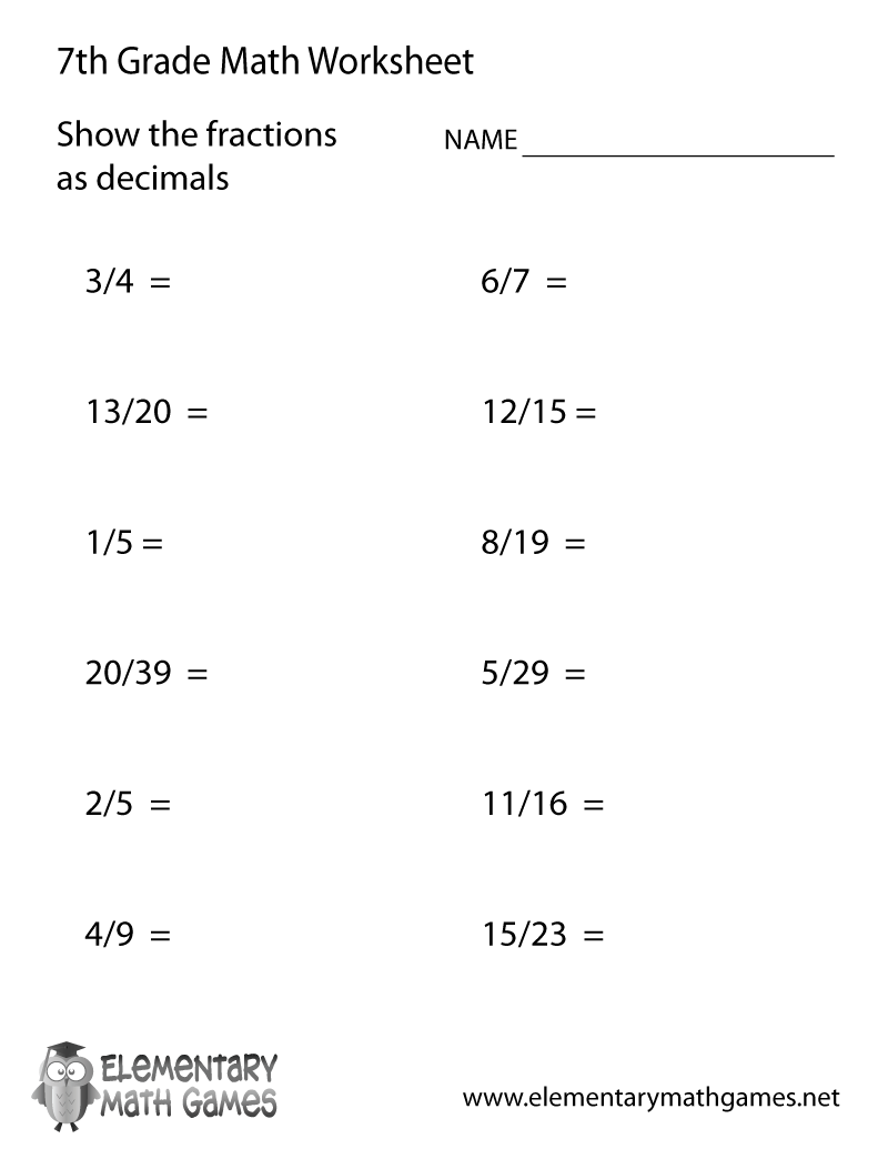 Free Printable Fractions And Decimals Worksheet For Seventh Grade