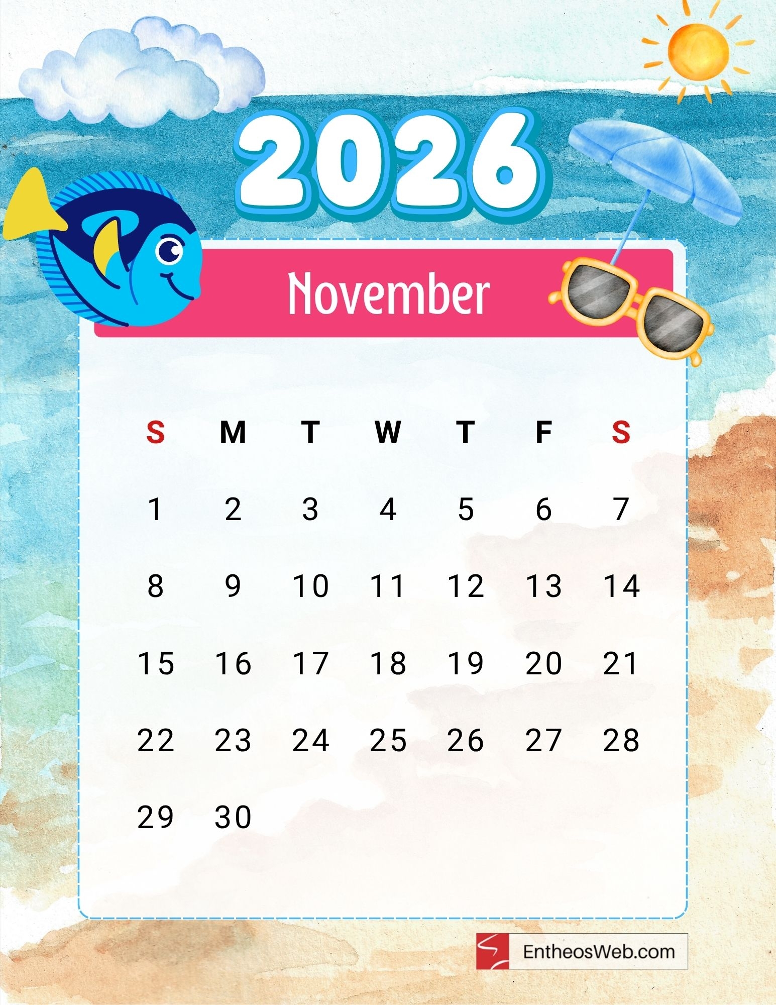 Free Printable Kids November 2026 Calendar
