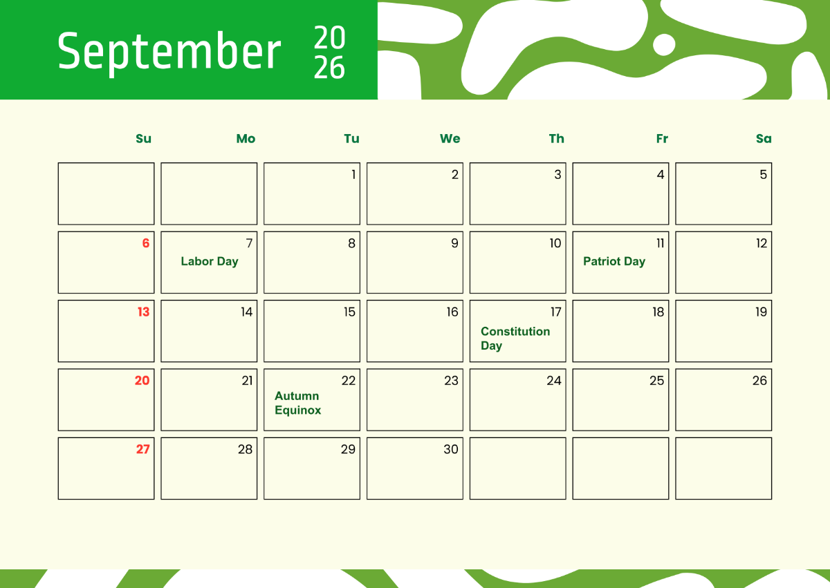 September 2026 Holiday Calendar