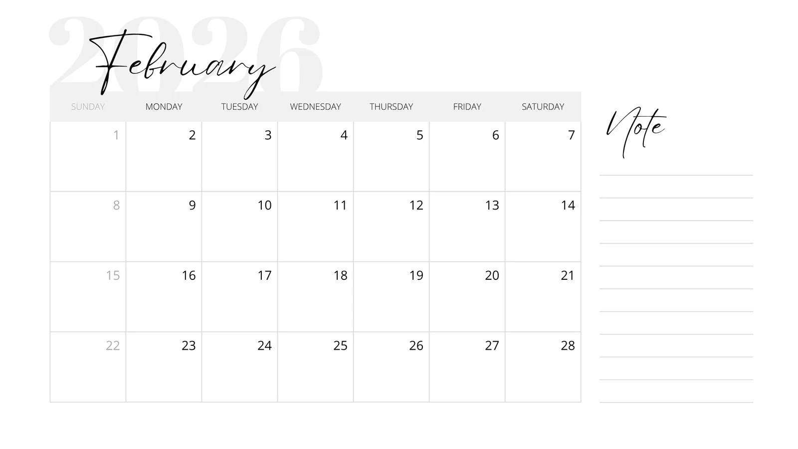 February Blank Calendar 2026 Printable Free