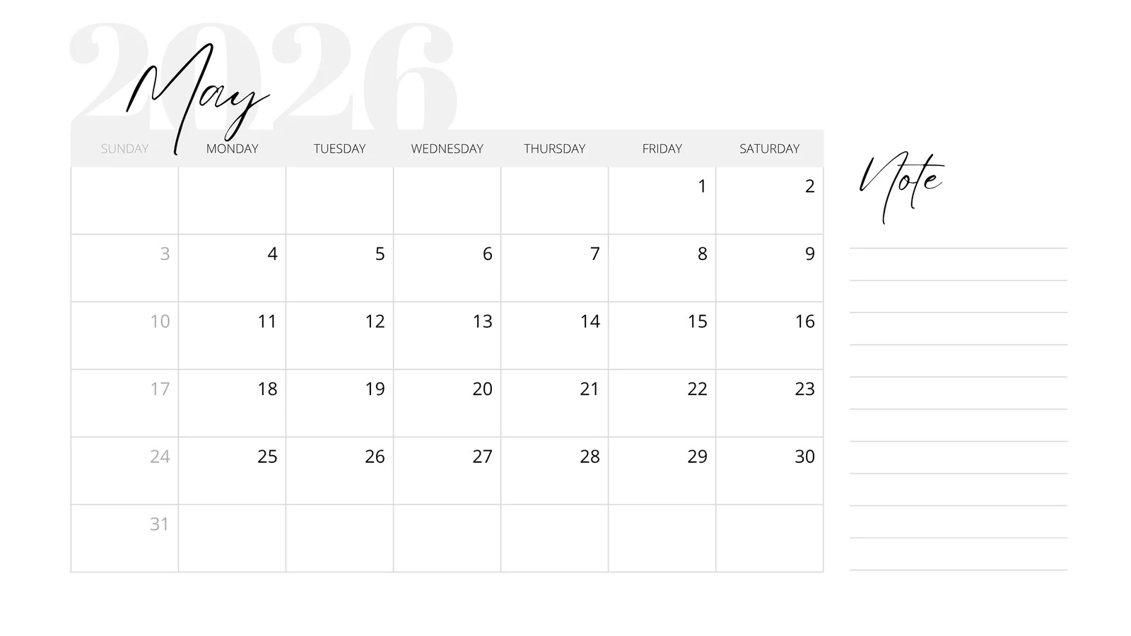Blank Calendar May 2026 Free Printable