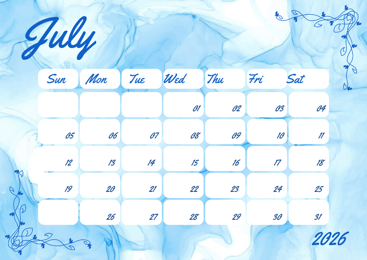 July Blank Calendar 2026 Editable