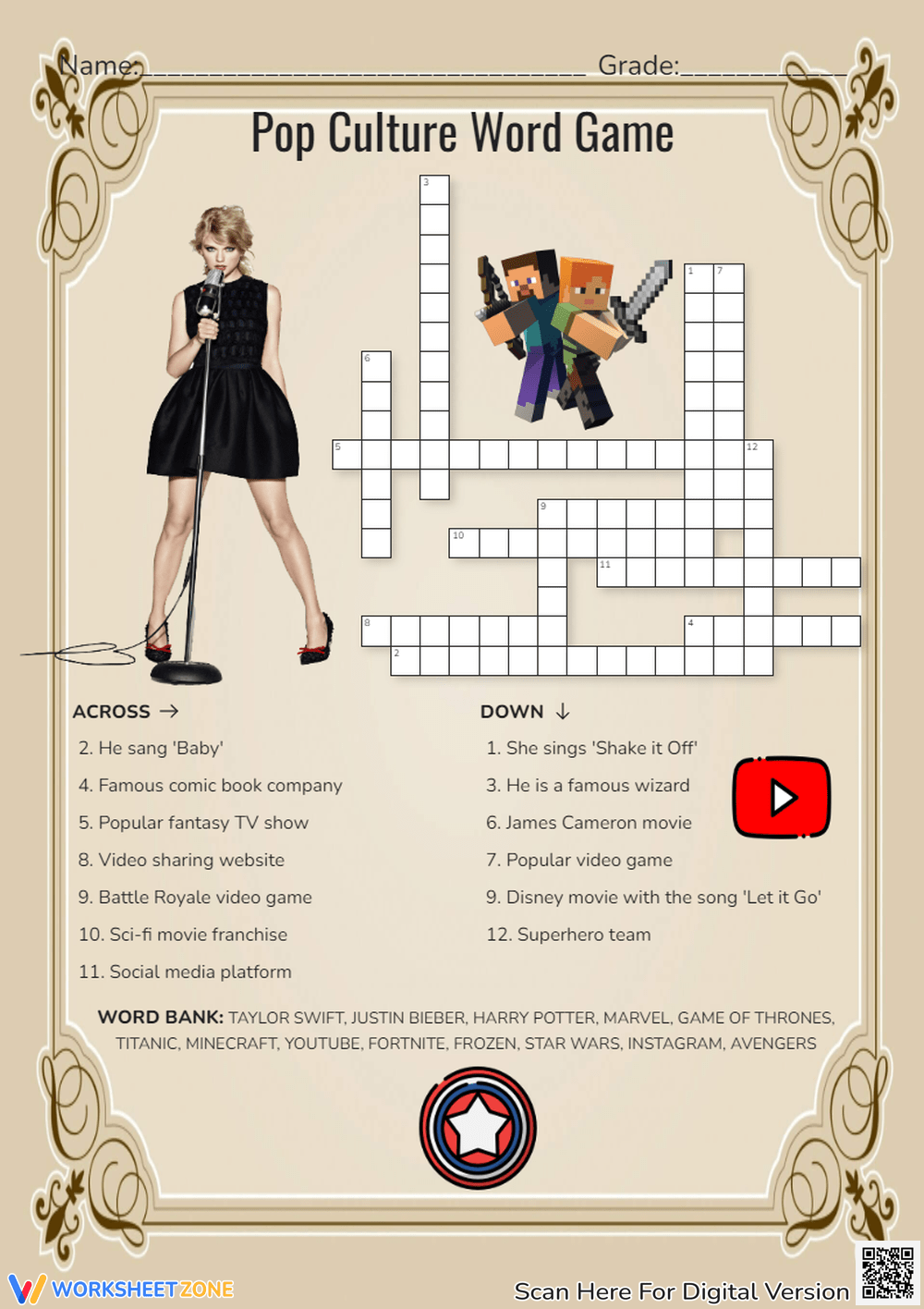 Grade 1 Pop Culture Crossword Puzzles Worksheets amp Printable