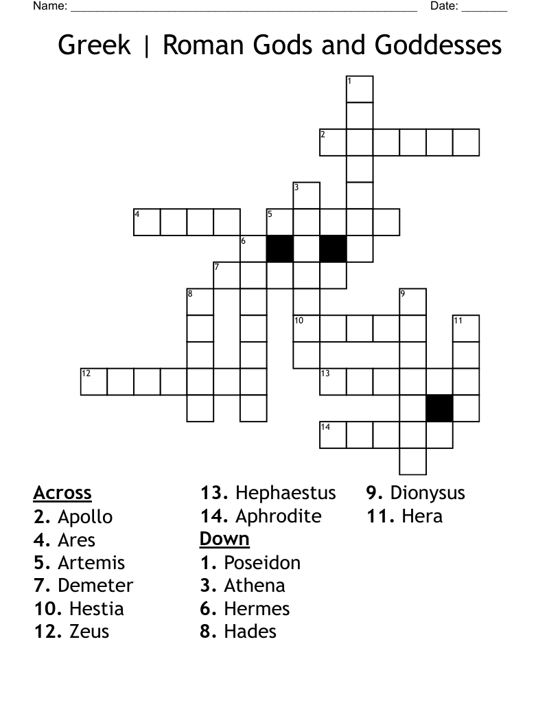 Greek Mythology Crossword Puzzle Answers
