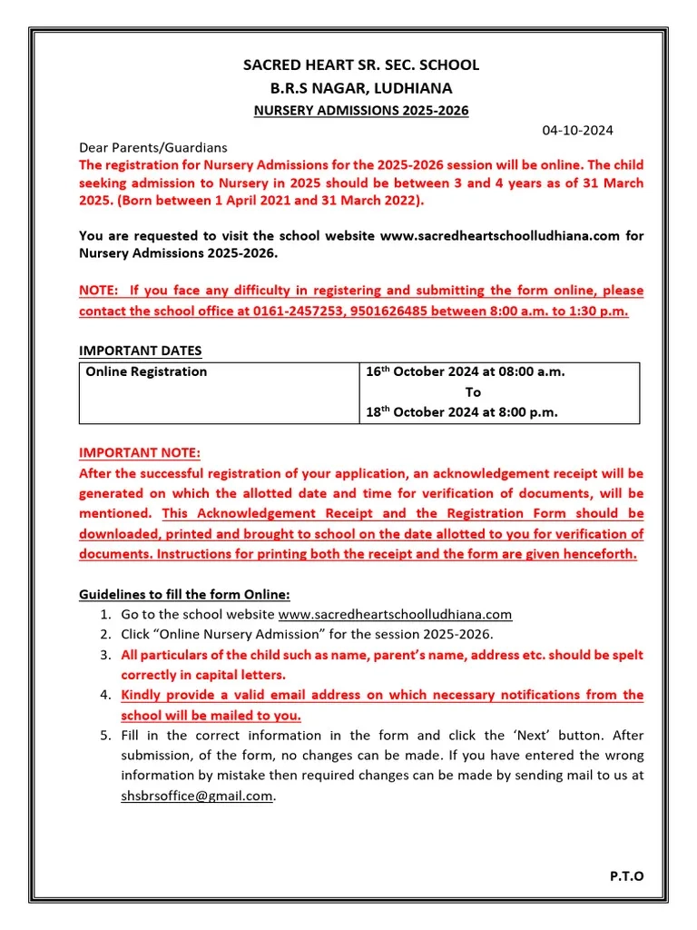 Guidelines For Nursery Admissions 2025 2026 PDF Login Password