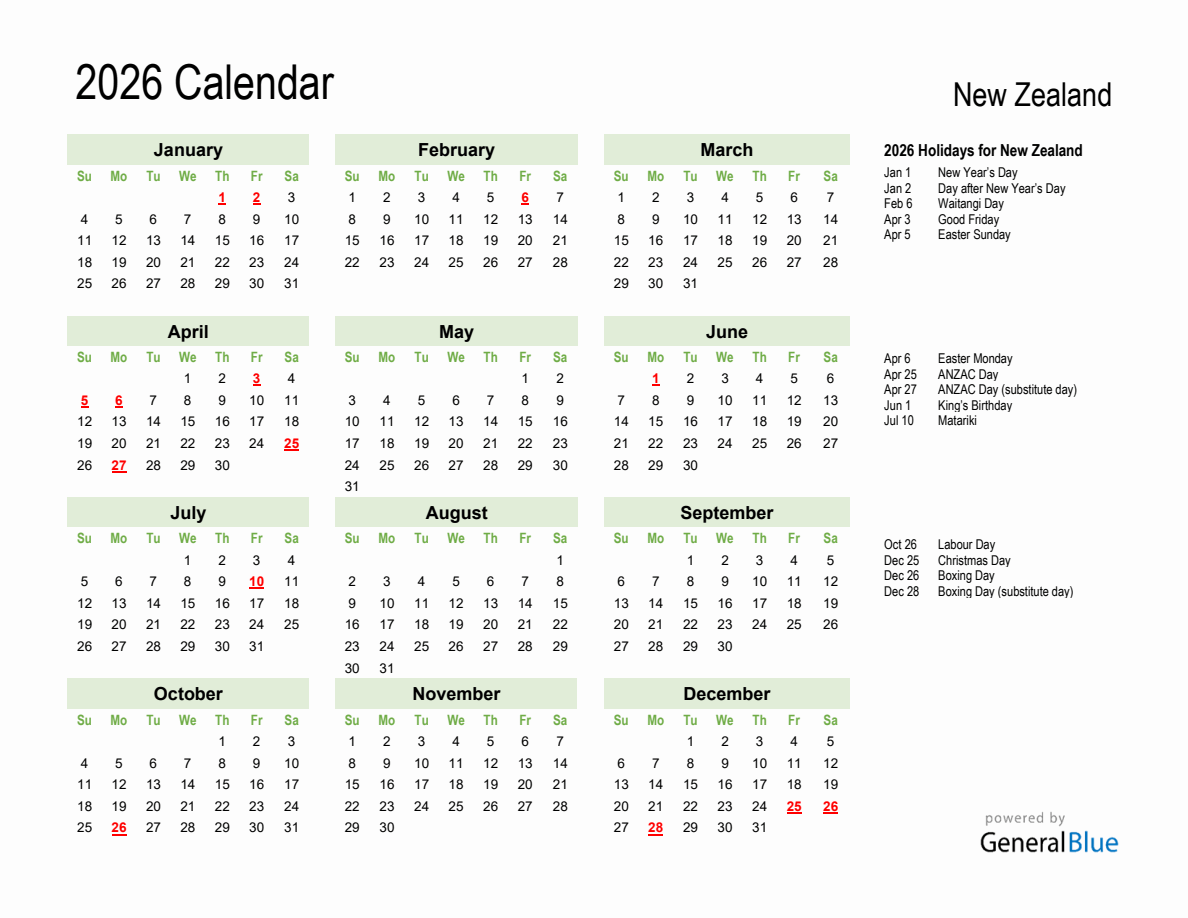 Holiday Calendar 2026 For New Zealand