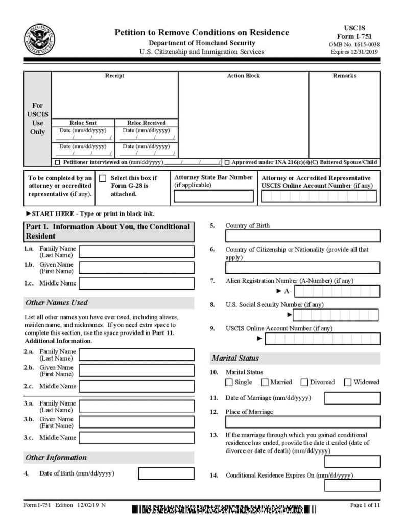 I 751 Form Petition To Remove Conditions On Residence