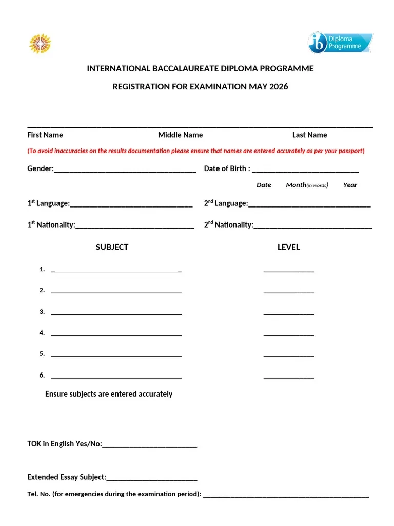 IB DP Candidate Registration Form Batch 2026 PDF
