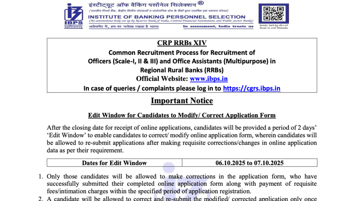 IBPS RRB Application Correction Window 2025 Opened Modify Online 