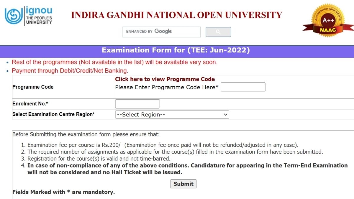 IGNOU June TEE 2022 IGNOU June Term End Exam Application Date 