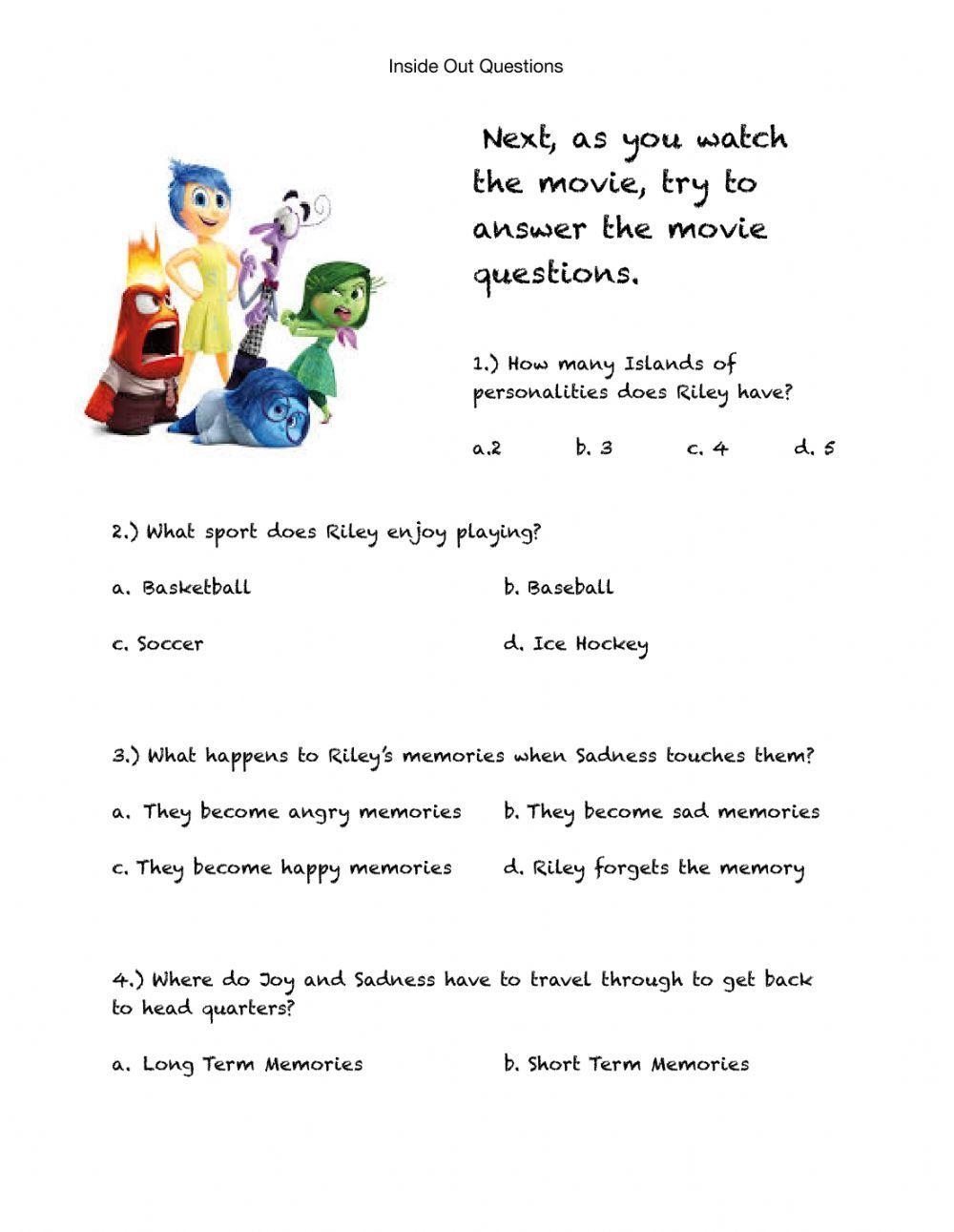 Inside Out Movi Free Interactive Worksheets 380581