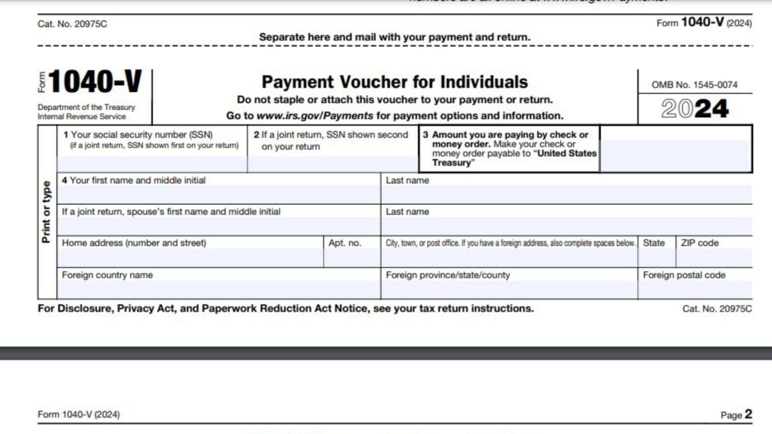 Irs Form 1040 V Payment Voucher Printable
