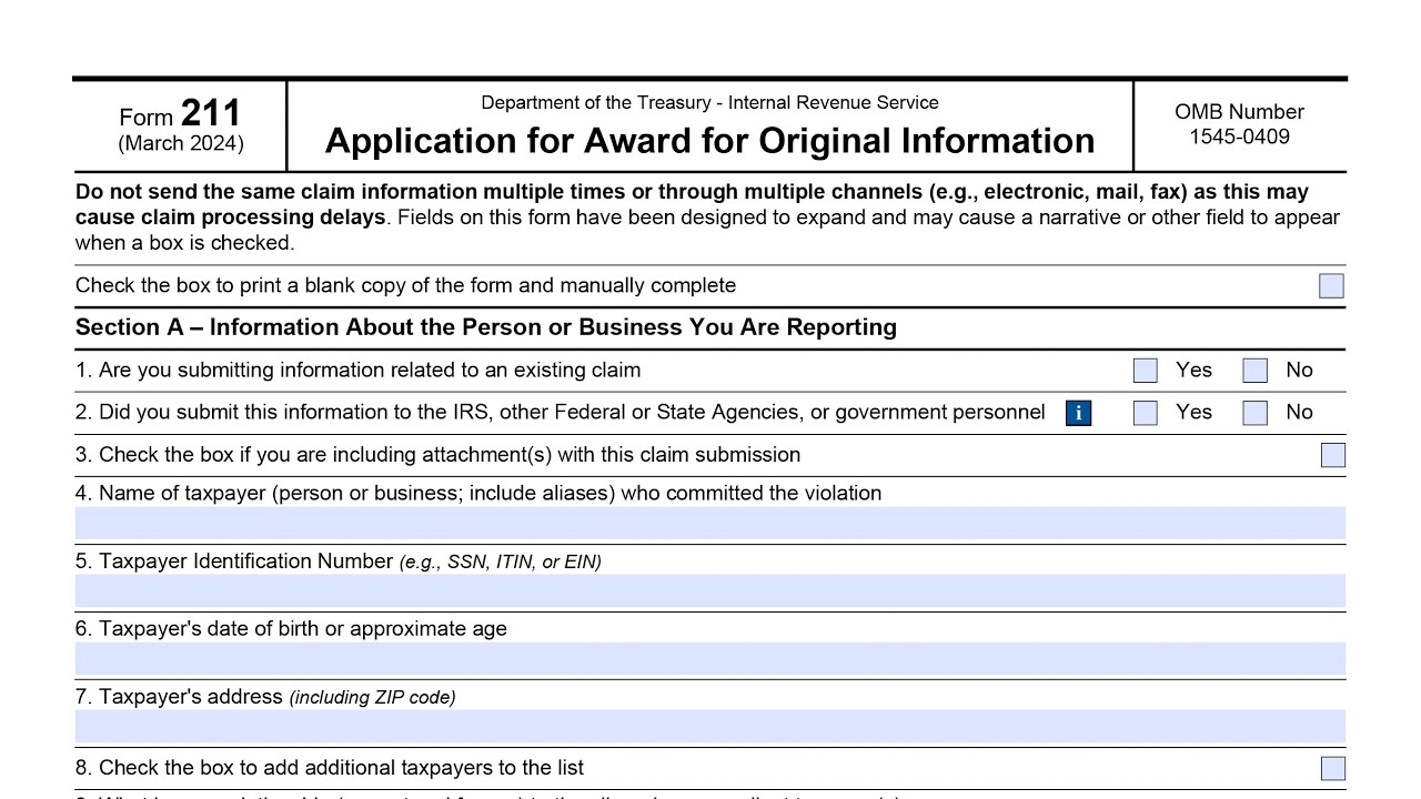 IRS Form 211 Walkthrough Application For Award For Original Information 