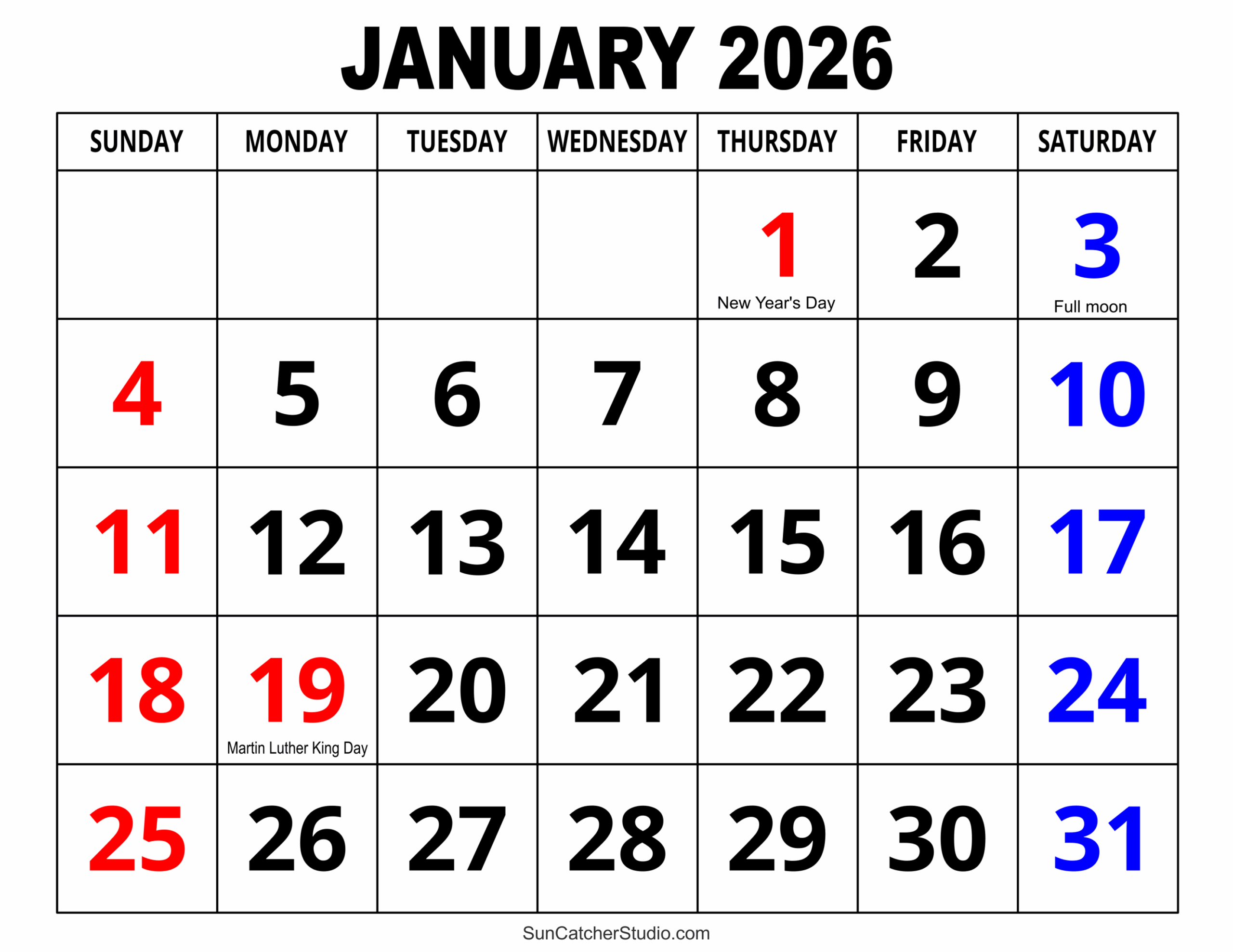 Printable Calendar January To December 2026
